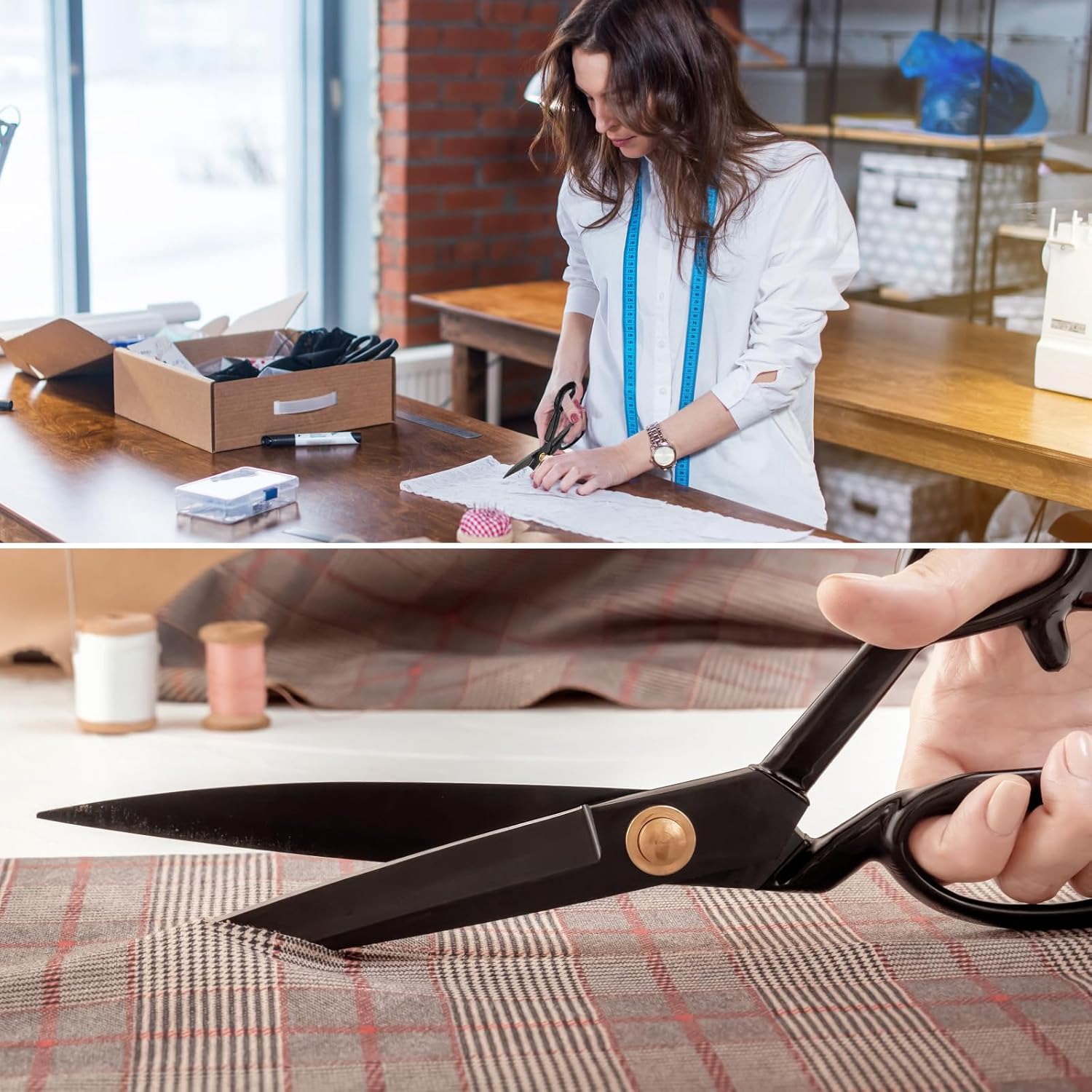 Demonstrates the product's use in sewing and fabric cutting applications, showing its versatility for crafting and tailoring tasks.