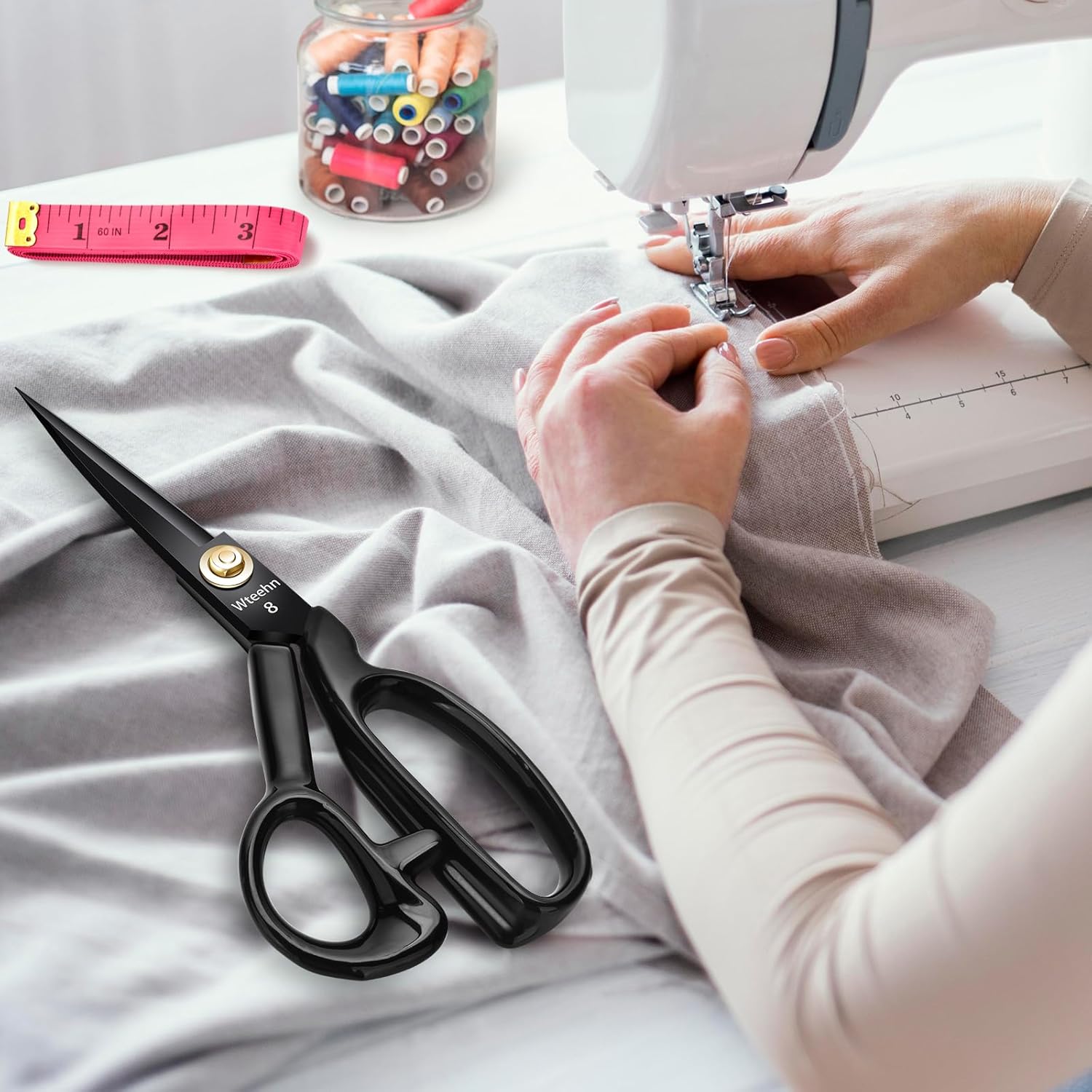 Shows the product being used in a real sewing scenario to demonstrate its practical application and ease of use.
