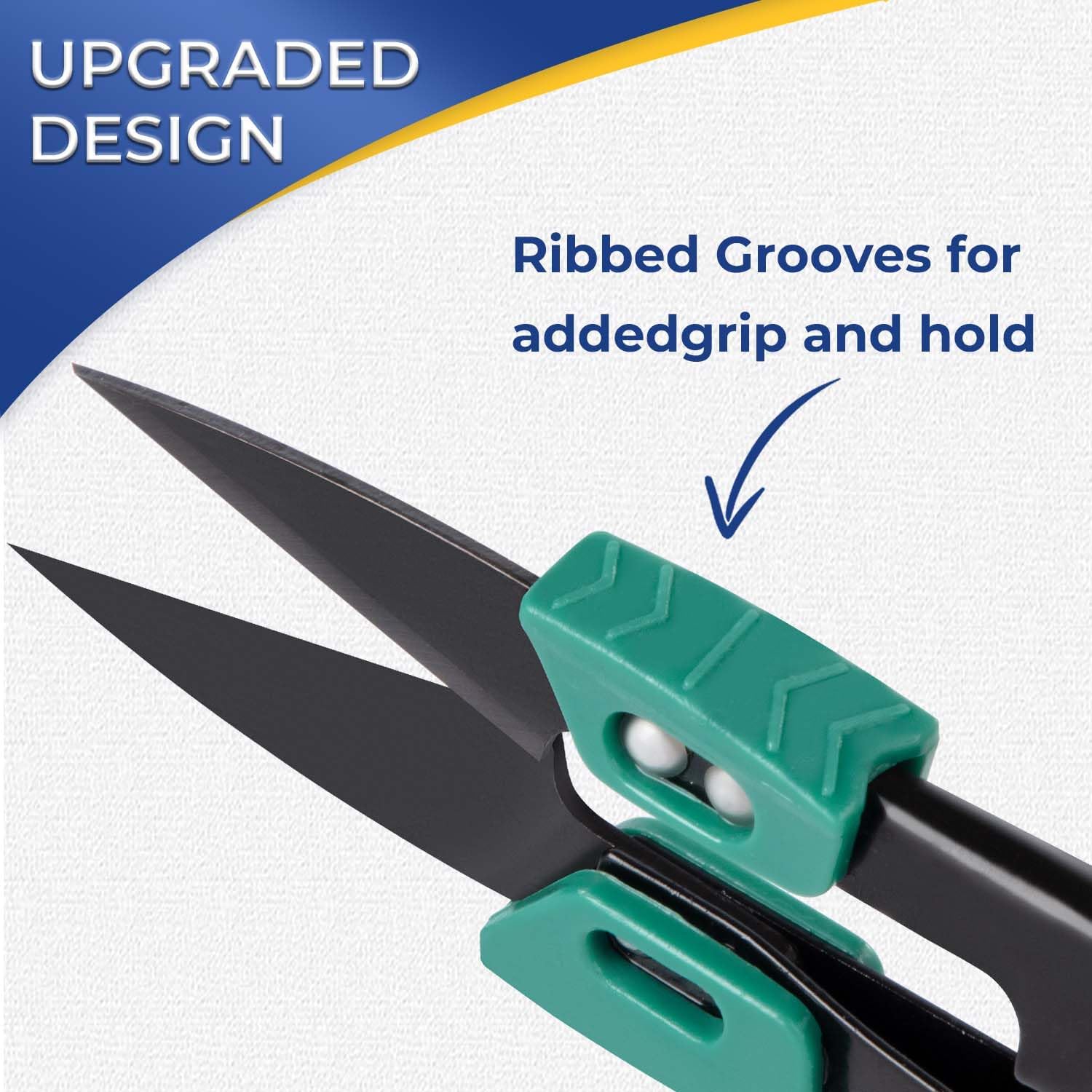 Highlights the upgraded design feature of ribbed grooves for better grip and hold, emphasizing improved usability and control.