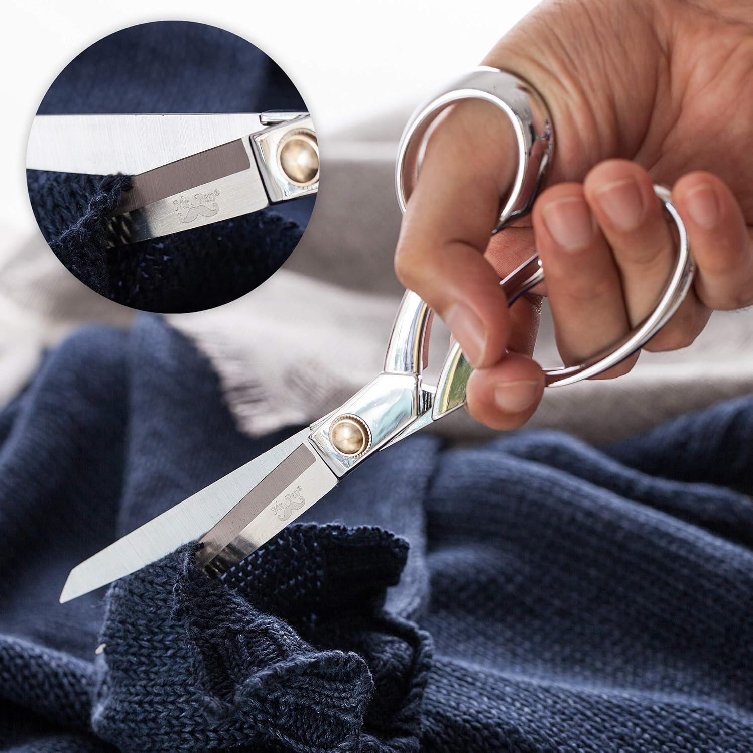Demonstrates the product's ability to precisely cut fabric, highlighting its sharpness and accuracy.