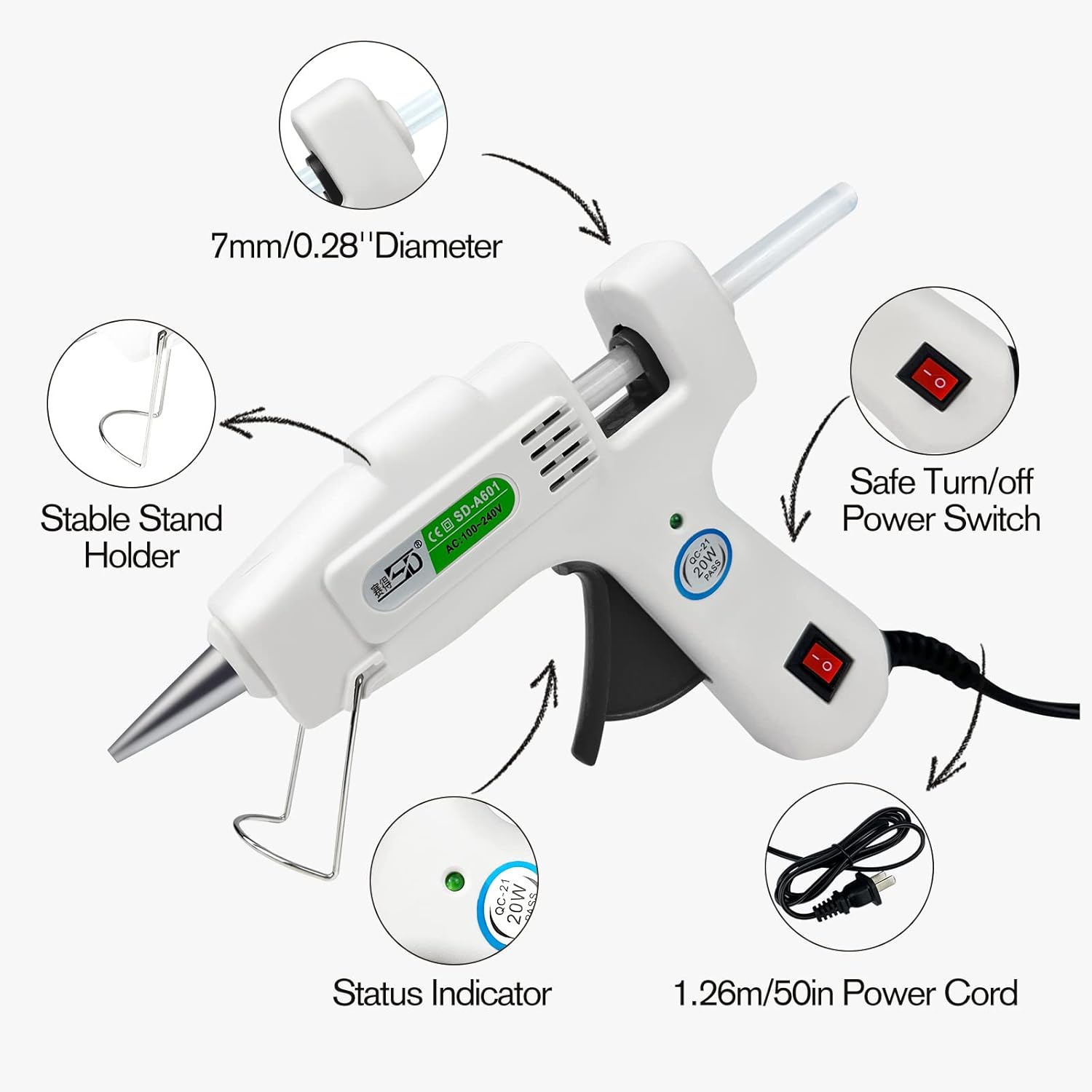 Highlights key features and components of the glue gun to inform buyers about its design and functionality.