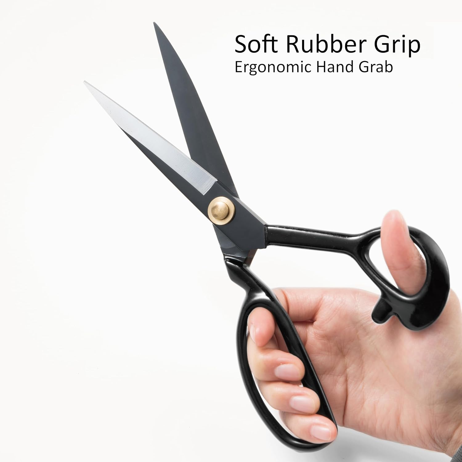 Highlights the ergonomic design of the scissors' handle for comfortable and easy use.