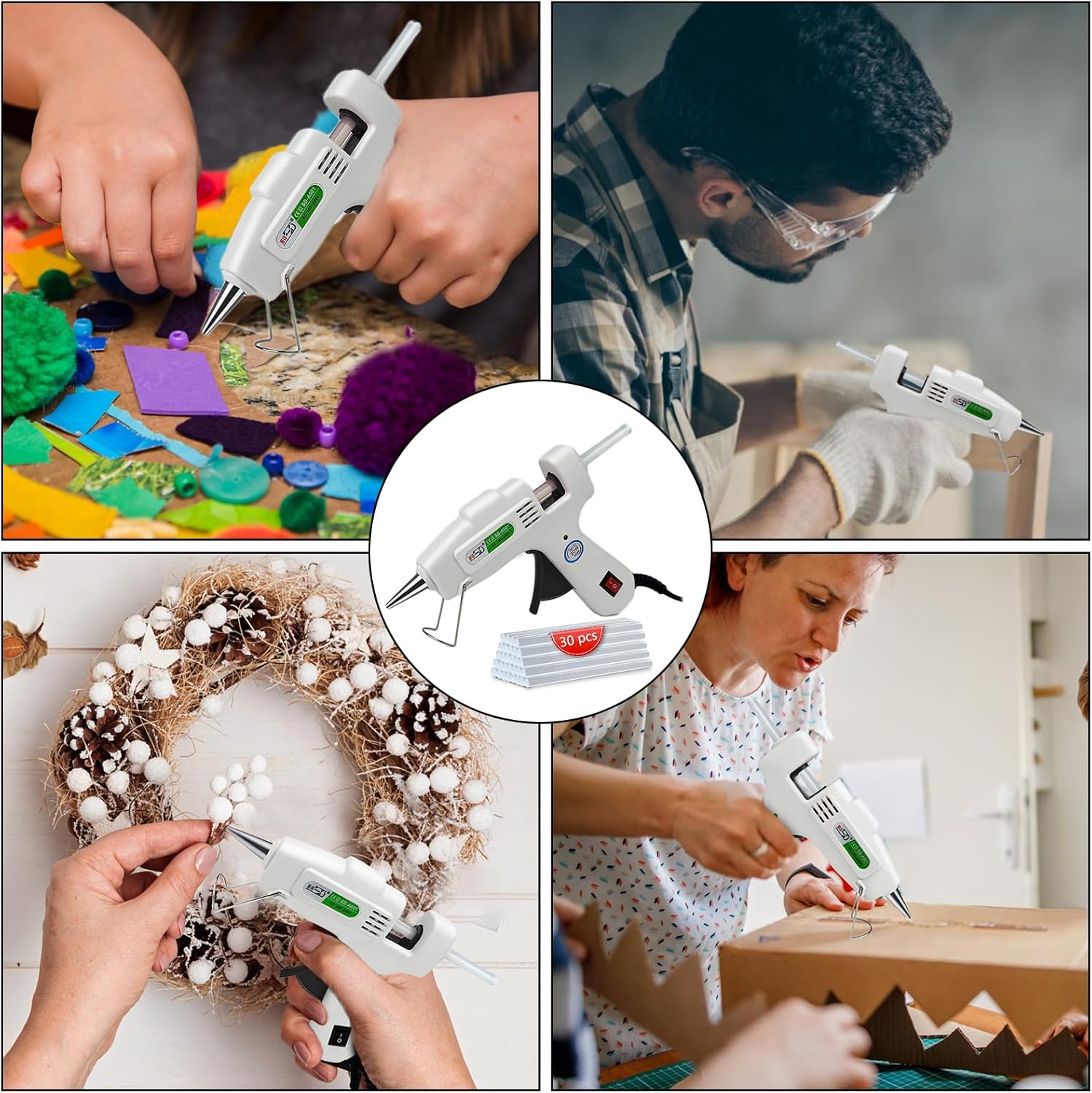 Demonstrates the versatility of the glue gun for various applications, from crafting to home repairs.