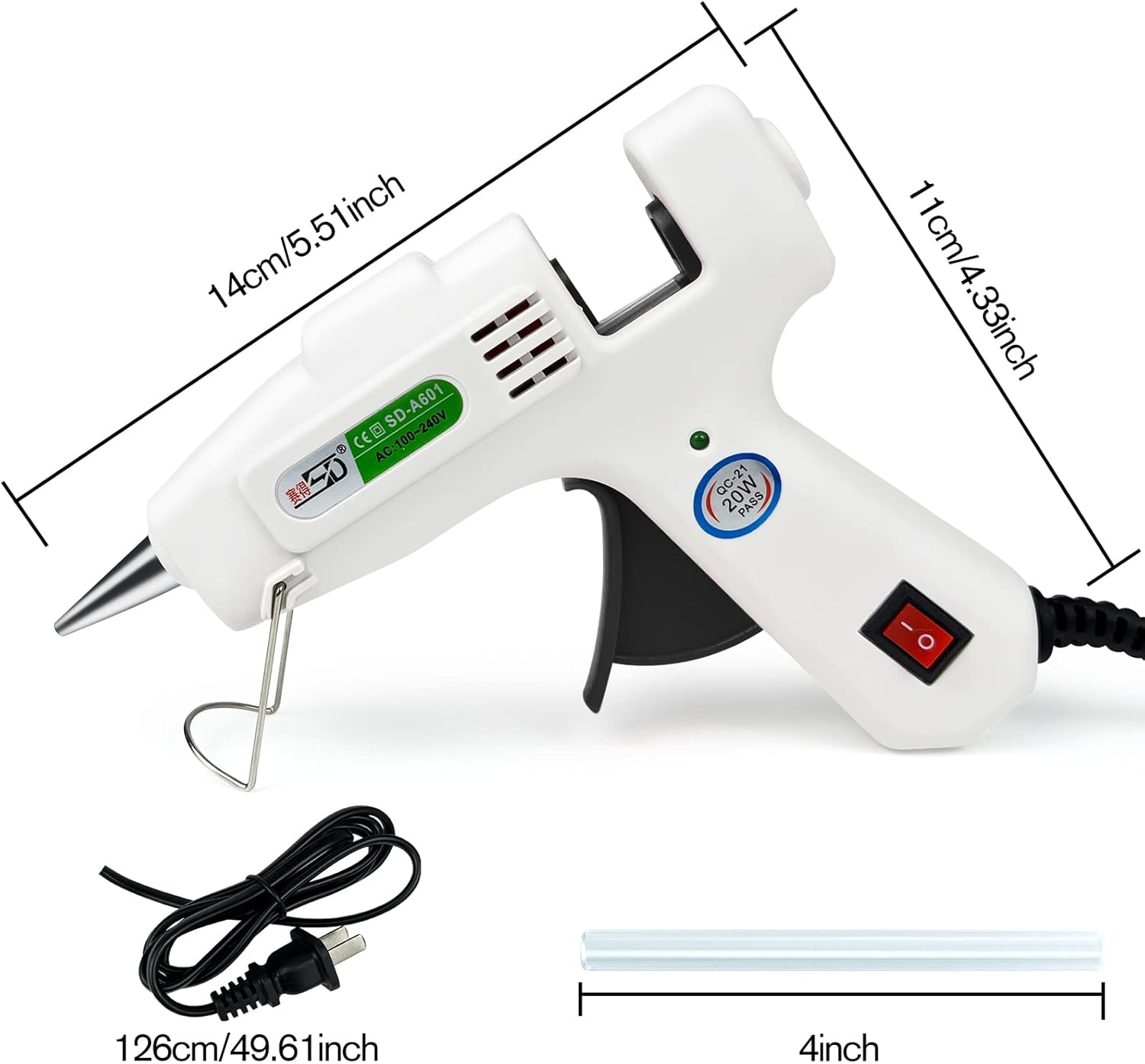 Provides exact measurements of the glue gun to help customers understand its size and portability.