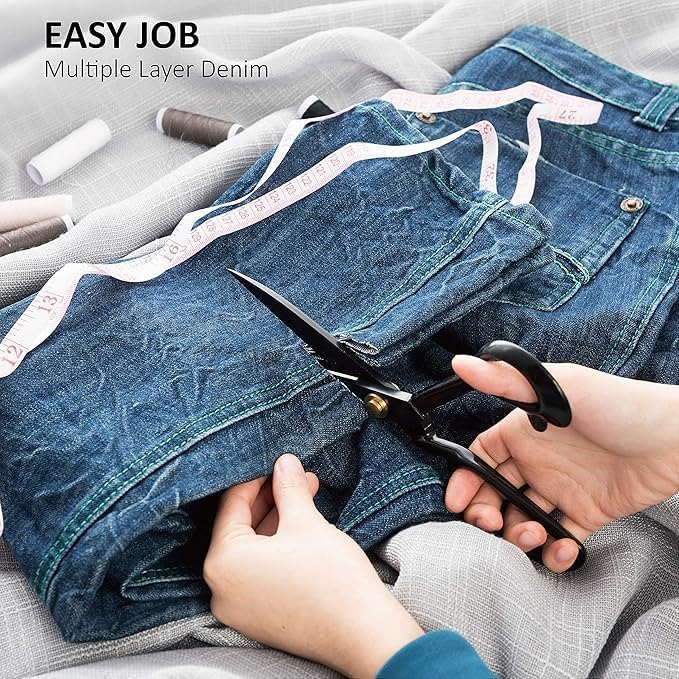 Demonstrates how to easily alter denim jeans, showing that the product can cut through multiple layers of denim fabric. Highlights the scissors' ability to easily cut through multiple layers of…