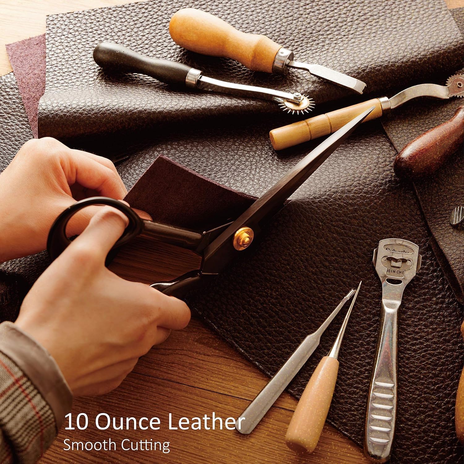 Highlights the product's ability to smoothly cut through 10 ounce leather, demonstrating its effectiveness for leatherworking.