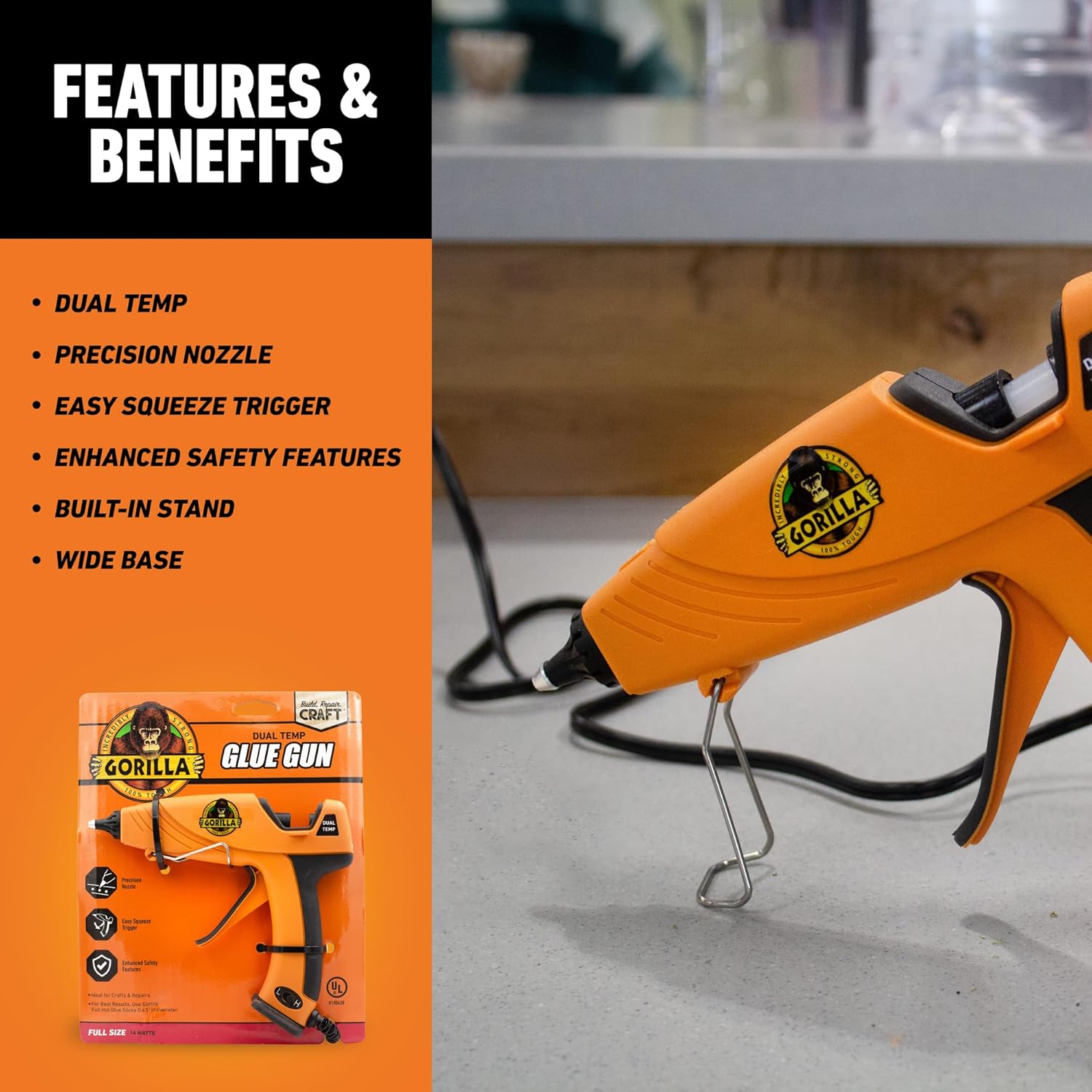 Highlights multiple features and benefits of the Gorilla Glue Gun to showcase its versatility and user-friendly design.