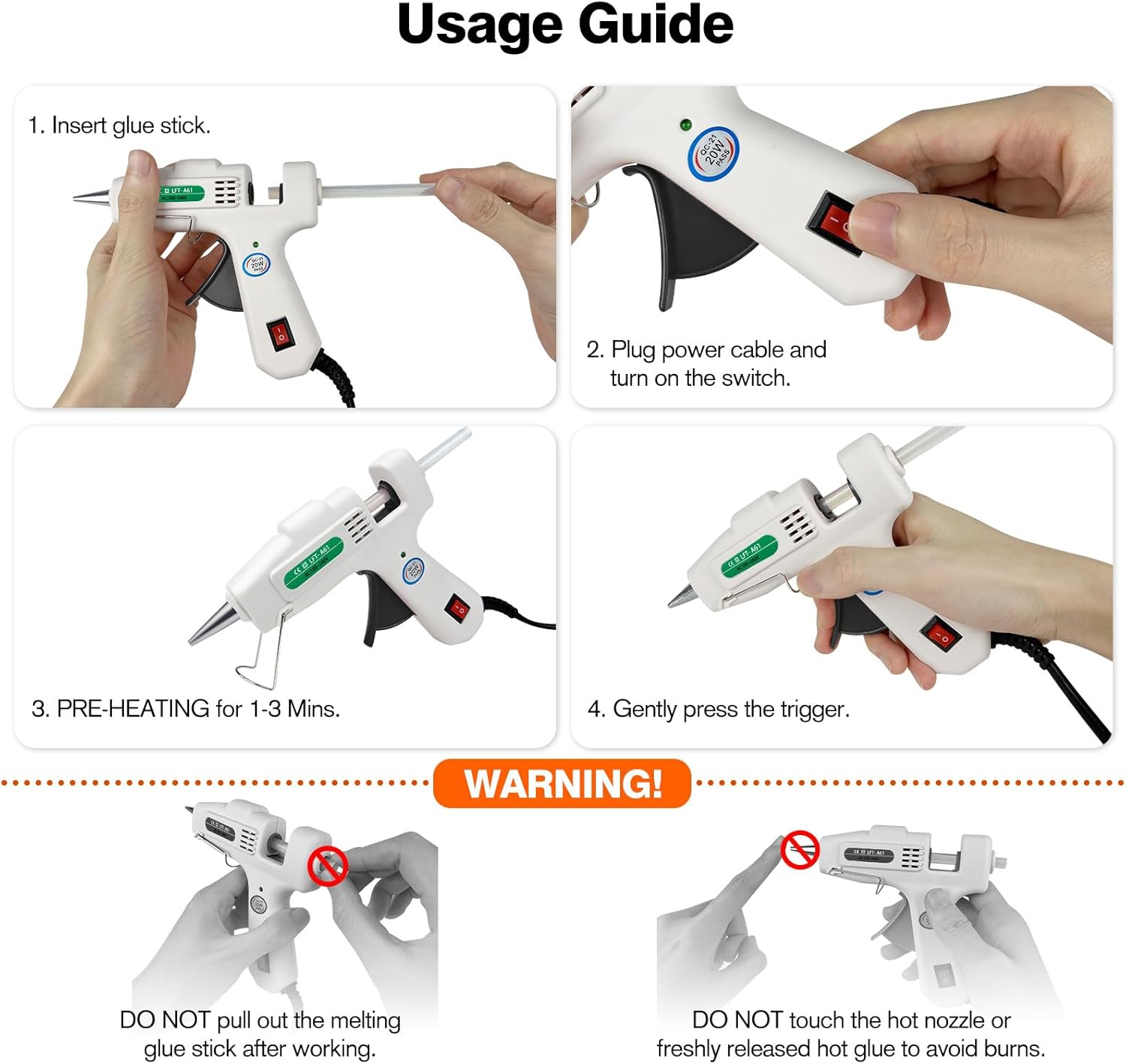Provides step-by-step instructions on how to use and operate the glue gun safely, ensuring proper usage and preventing potential hazards.