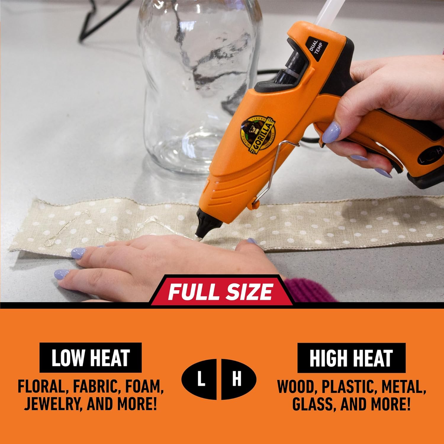 Demonstrates the product's versatility by showing it can be used on different materials at low and high heat settings. Illustrates the wide range of materials the glue gun can be used on, from…