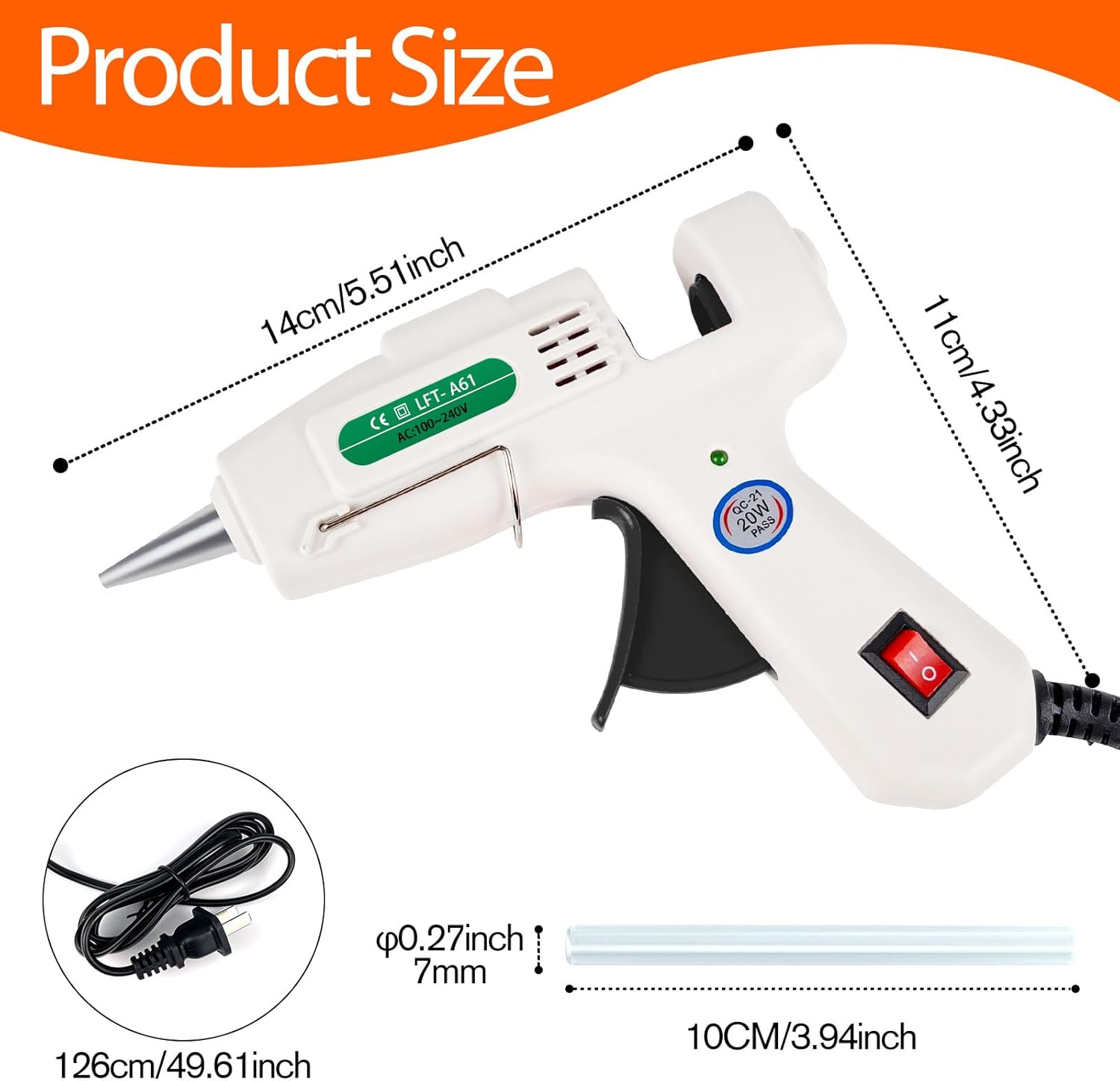 Provides exact measurements of the glue gun to inform customers about its size and portability.