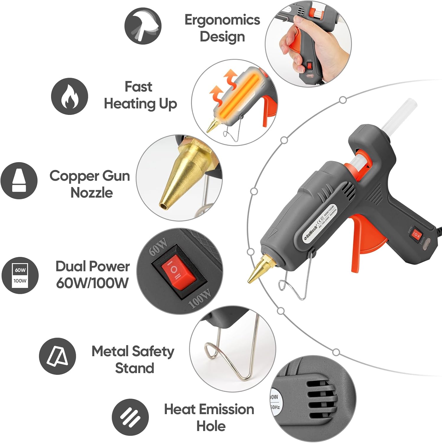 ROMECH Full Size Hot Glue Gun with 60/100W Dual Power and 21 Hot Glue Sticks (7/16"): Infographics