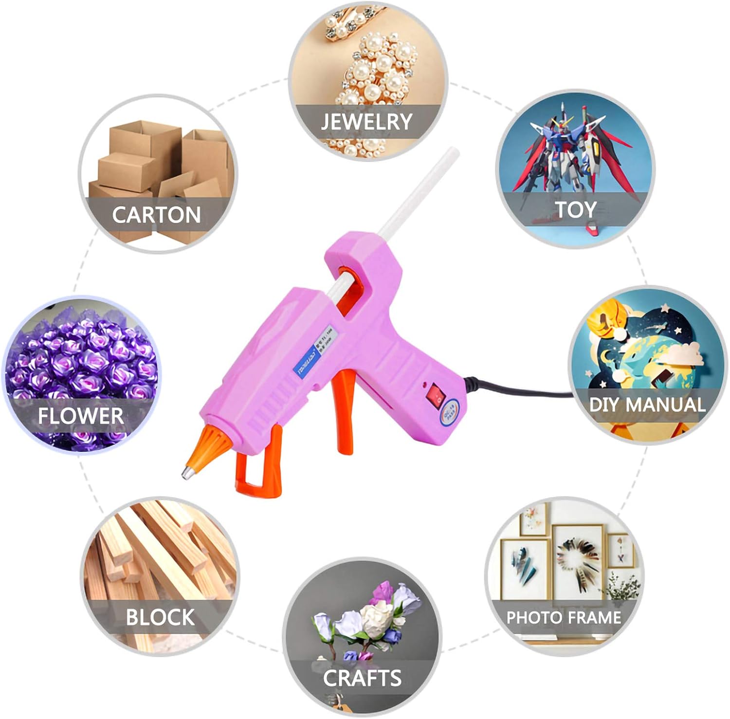 Demonstrates the wide range of applications for the glue gun, from jewelry making to DIY projects.