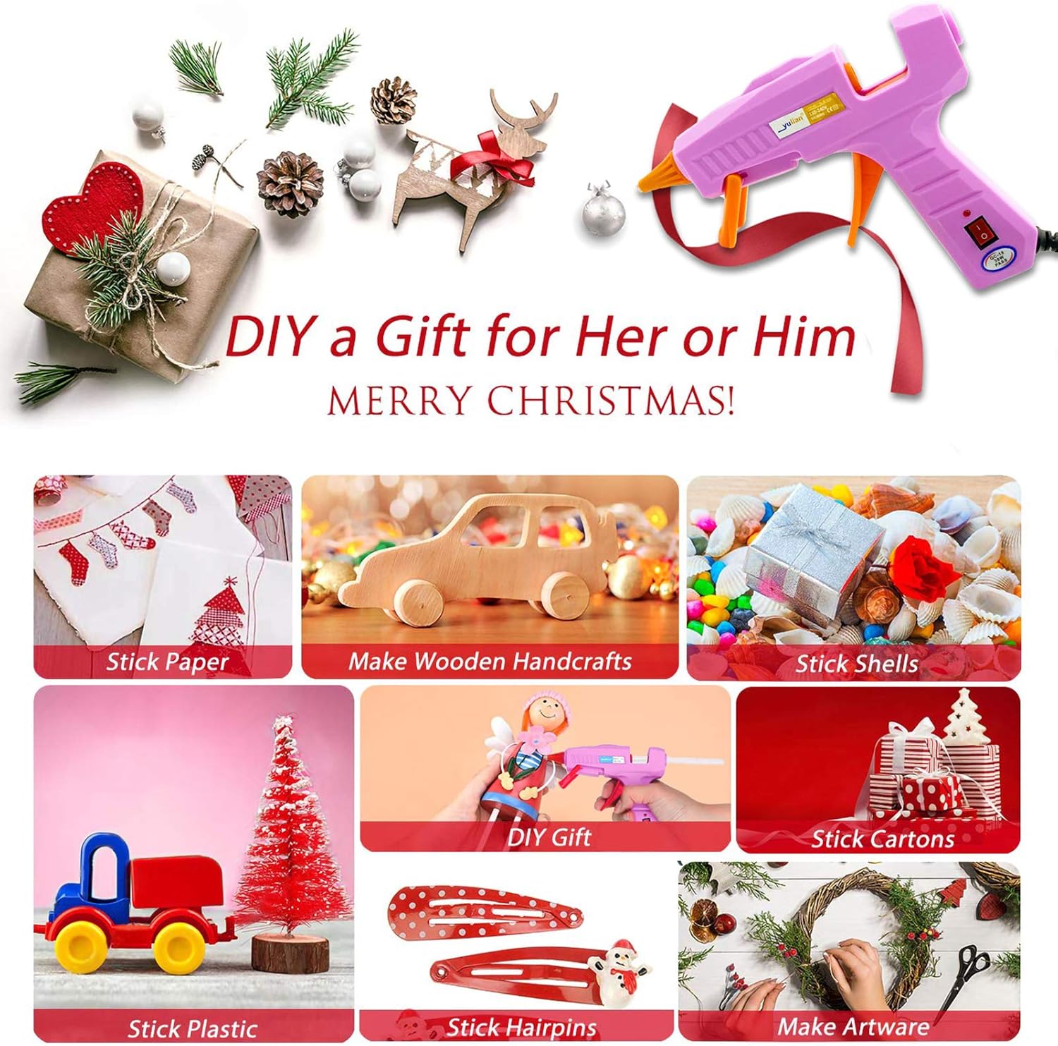 Promotes the glue gun as a versatile tool for creating DIY Christmas gifts and decorations. Showcases various DIY project ideas to inspire customers to use the glue gun for holiday crafting.