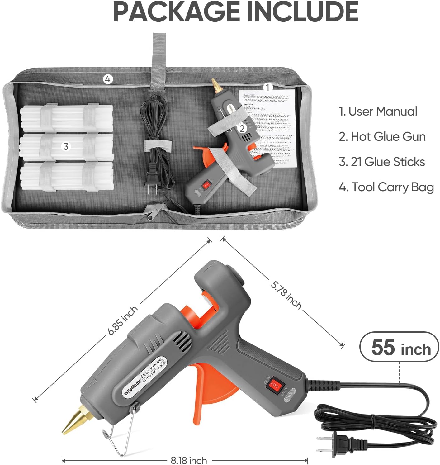 Shows all items included in the hot glue gun package to inform customers of the complete kit contents.