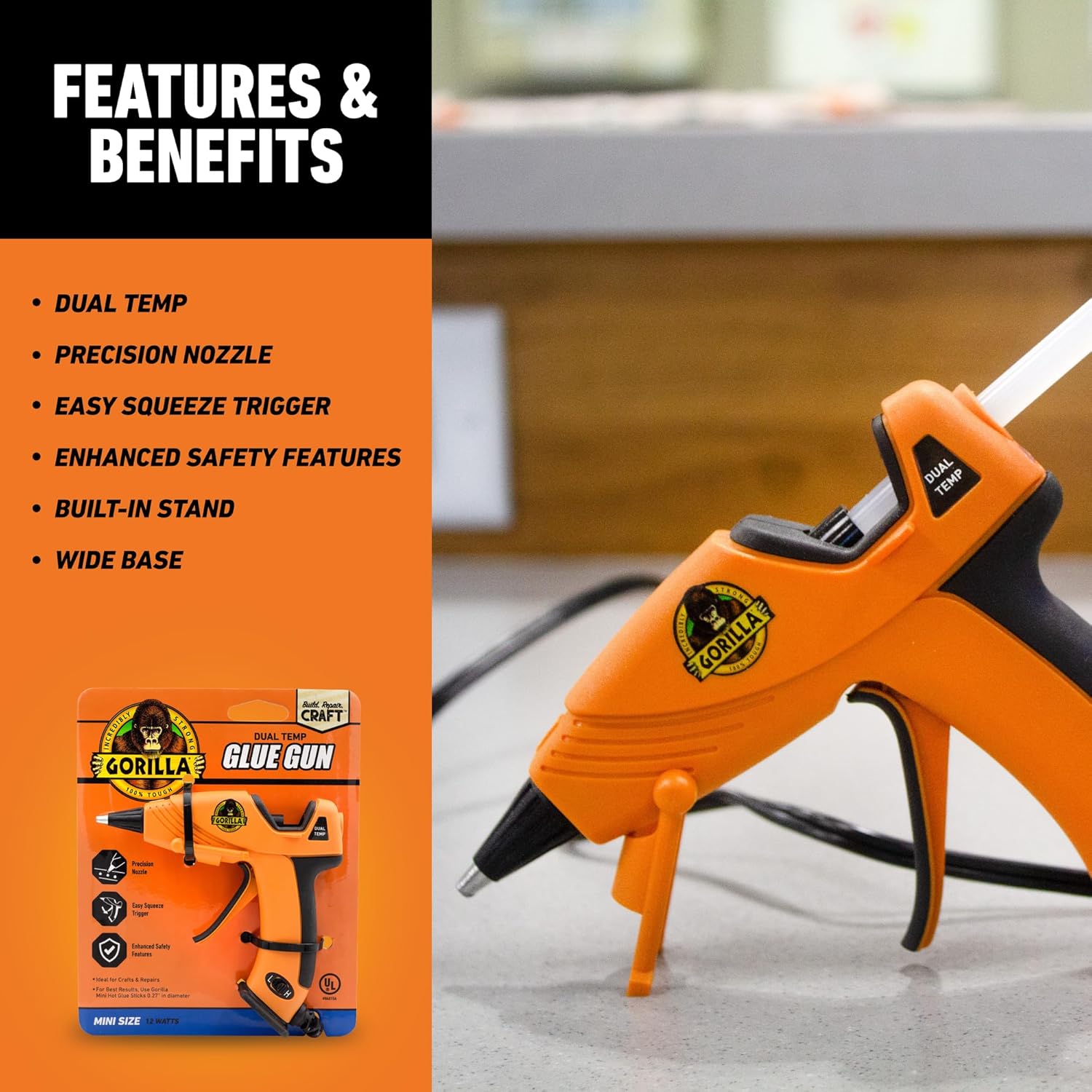 Highlights multiple features and benefits of the Gorilla Glue Gun to showcase its versatility and user-friendly design.