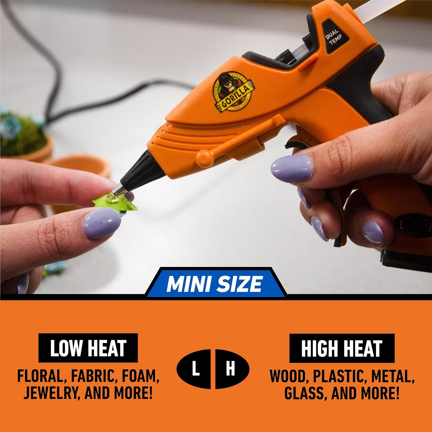 Demonstrates the compact size of the glue gun by showing it in use with small objects. Highlights the product's dual temperature settings and its ability to work on various materials, from delicate…