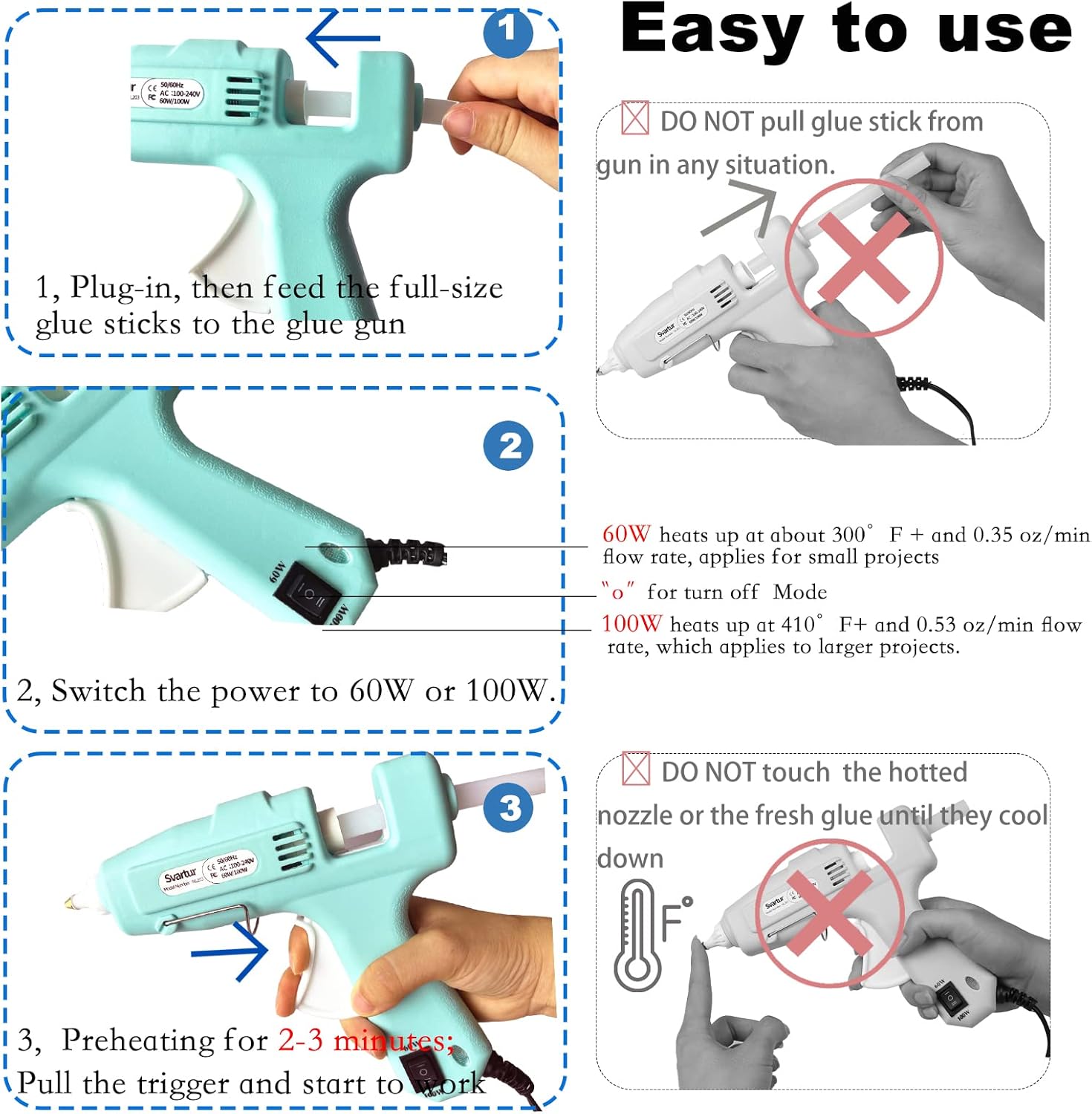 Provides step-by-step instructions on how to properly use and operate the glue gun, including safety precautions.