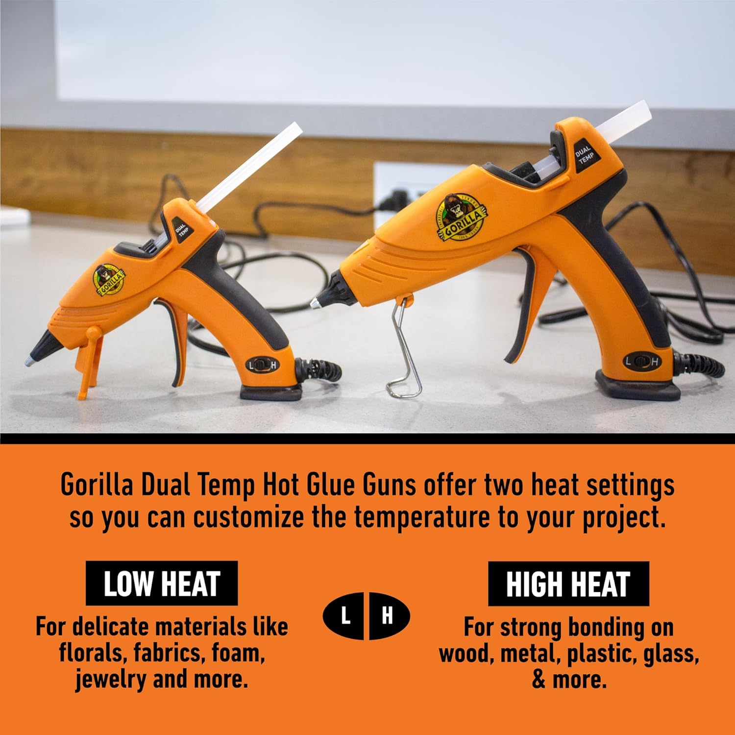 Highlights the product's dual temperature functionality, showcasing its versatility for different materials and projects.