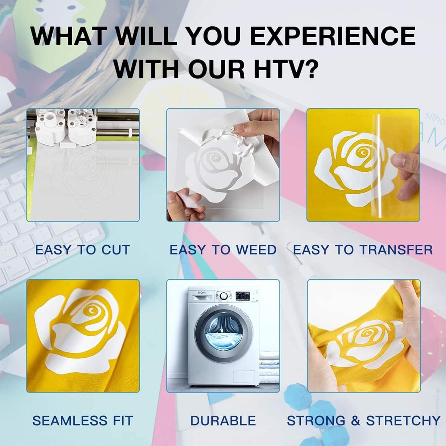 Highlights multiple features and benefits of the HTV product, showcasing its ease of use and durability to appeal to crafters and DIY enthusiasts.