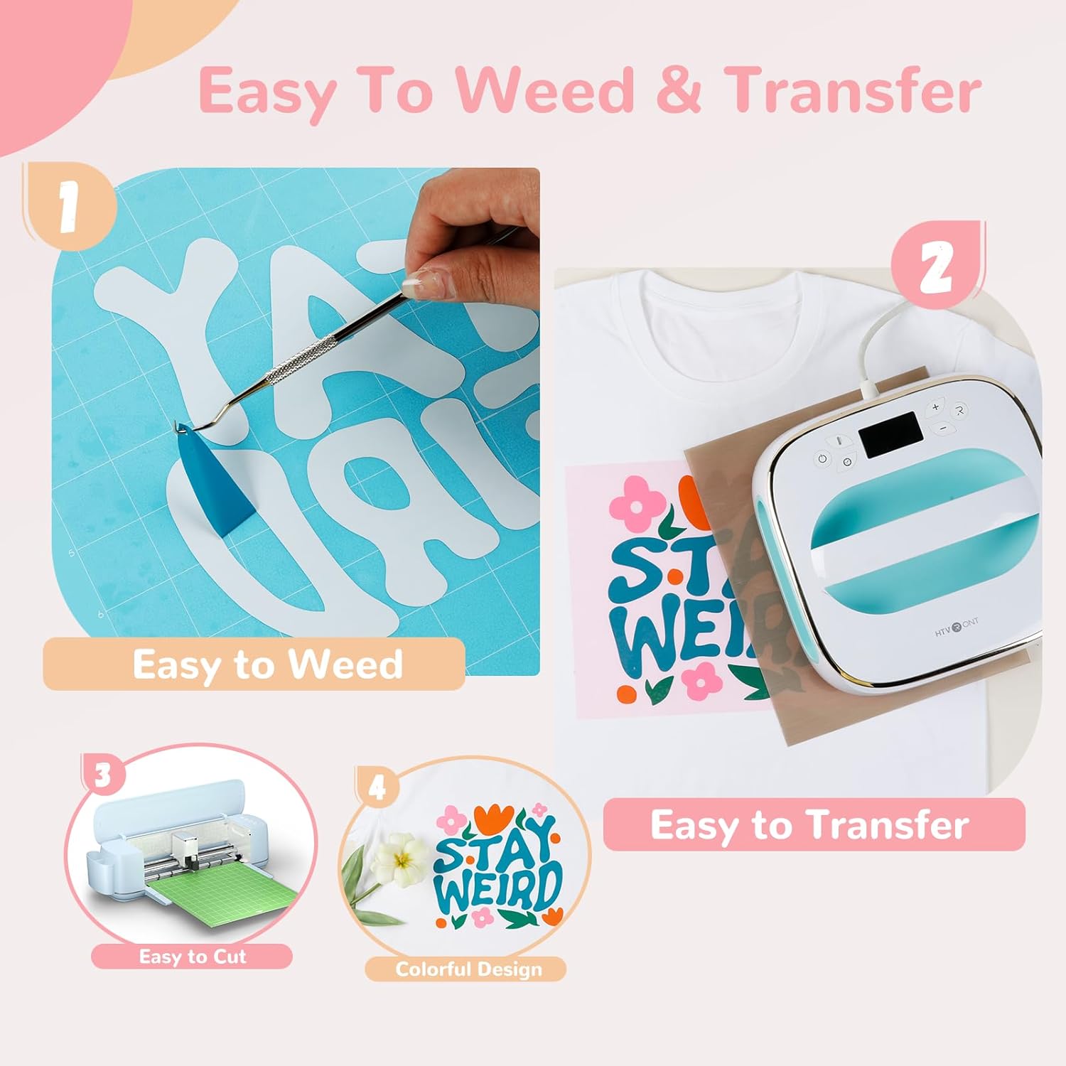 Demonstrates the simple steps for weeding and transferring designs, reassuring customers about the ease of use.