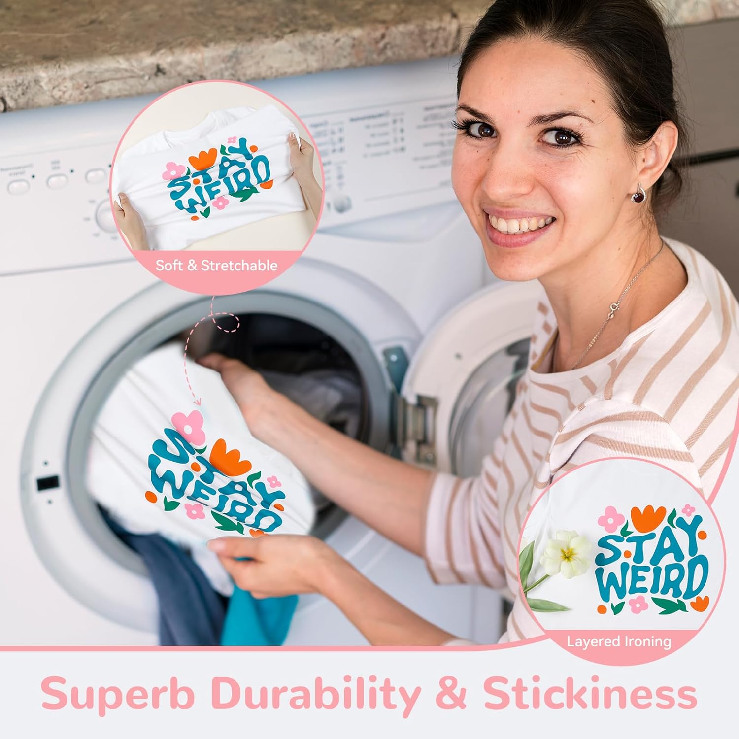 Highlights the product's durability and ability to stick well through washing and ironing, reassuring customers about its long-lasting quality.