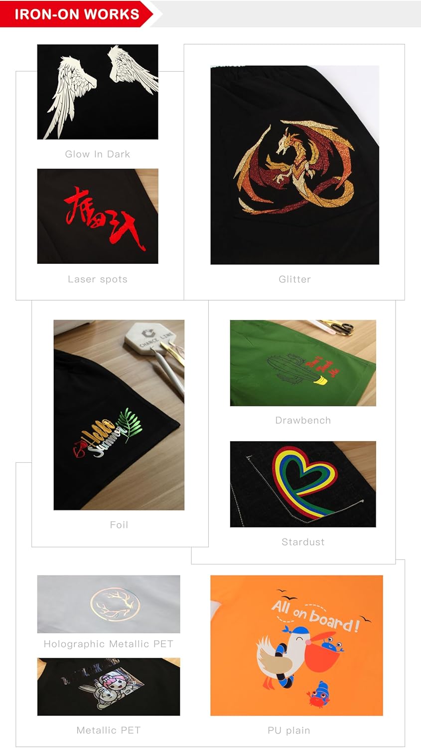 Showcases different iron-on printing techniques available, demonstrating the versatility and quality of the product offerings.