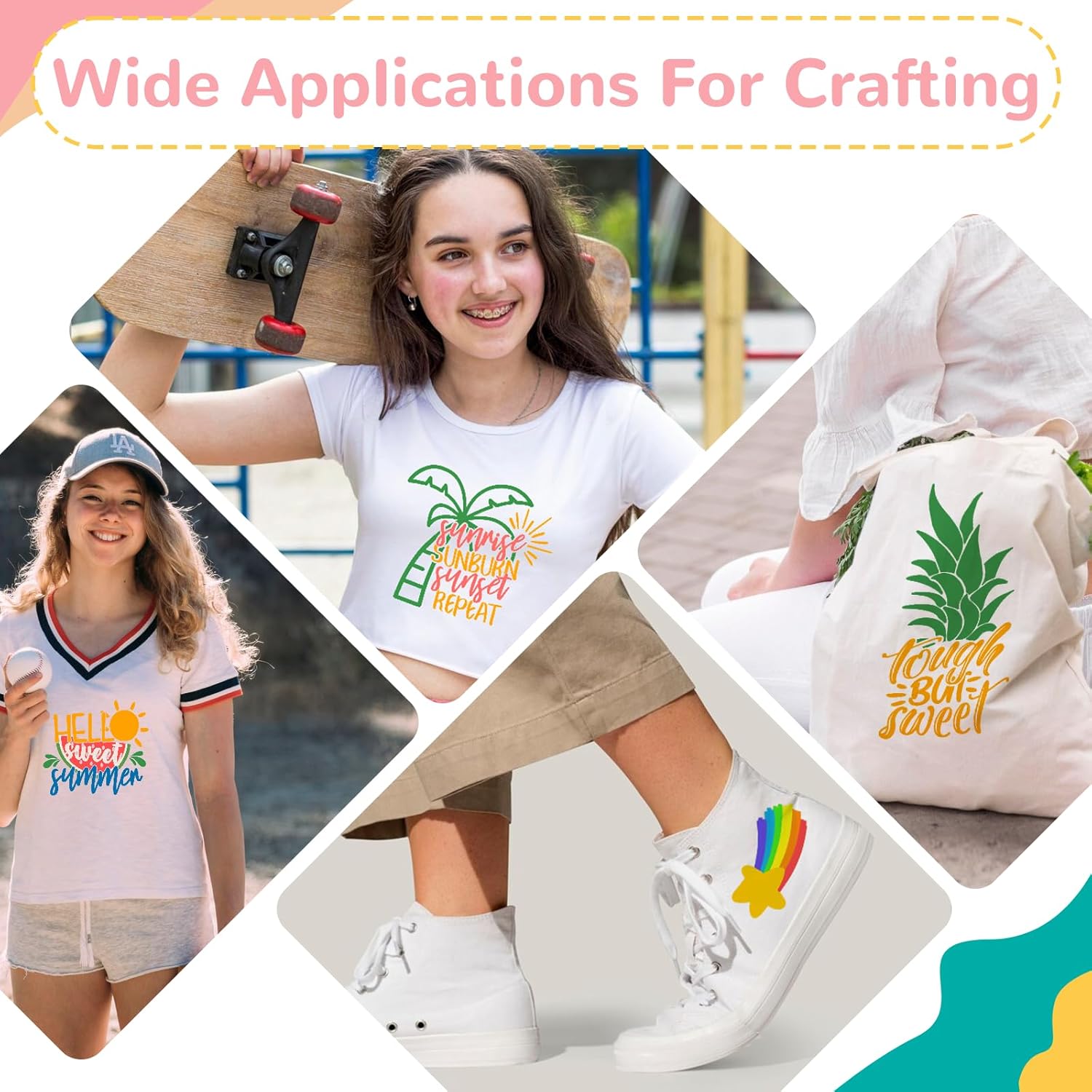 Showcases various applications of the product for crafting, including t-shirts, bags, and shoes, to demonstrate its versatility.