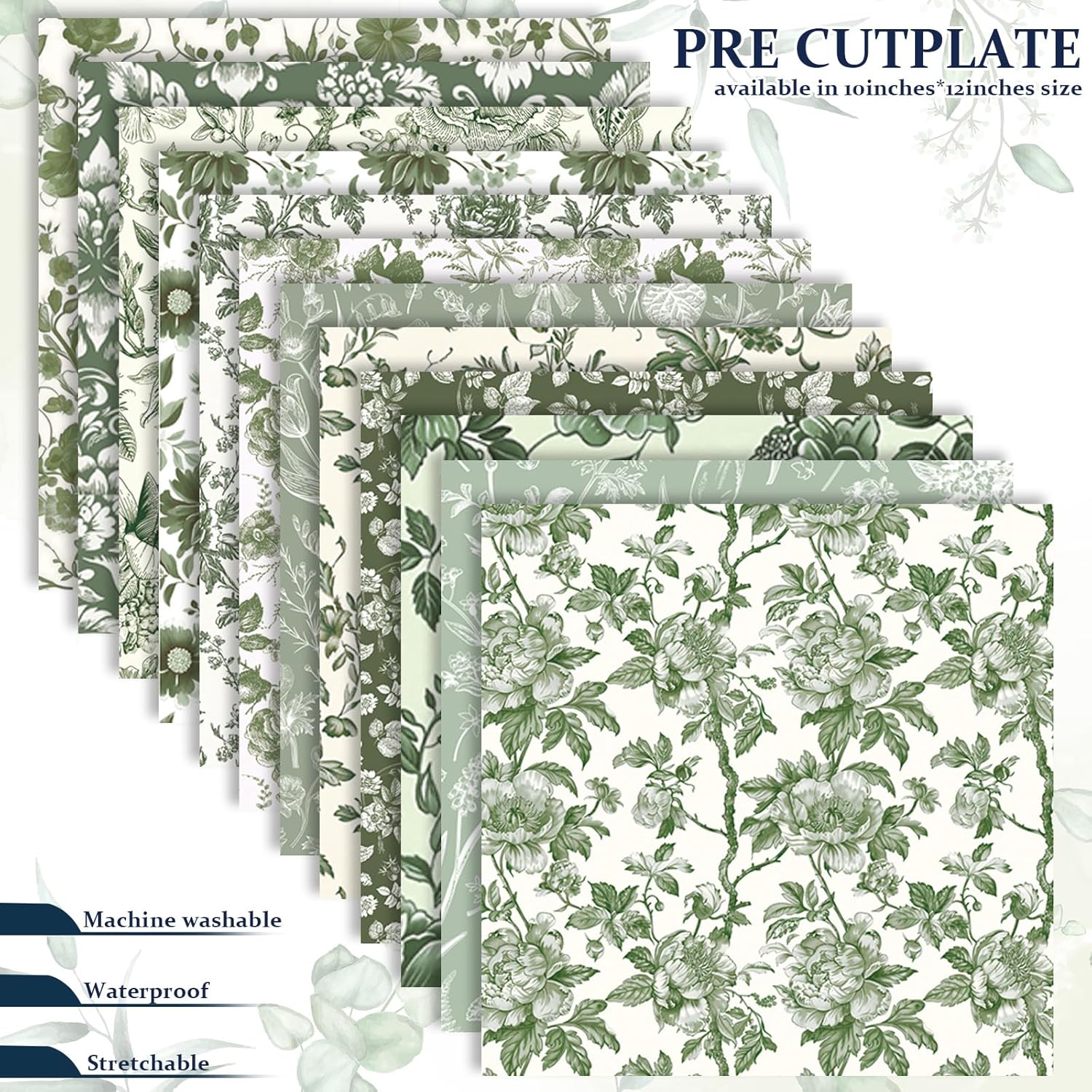 Showcases the variety of floral patterns included in the pre-cut fabric plate set, highlighting the product's versatility and value.