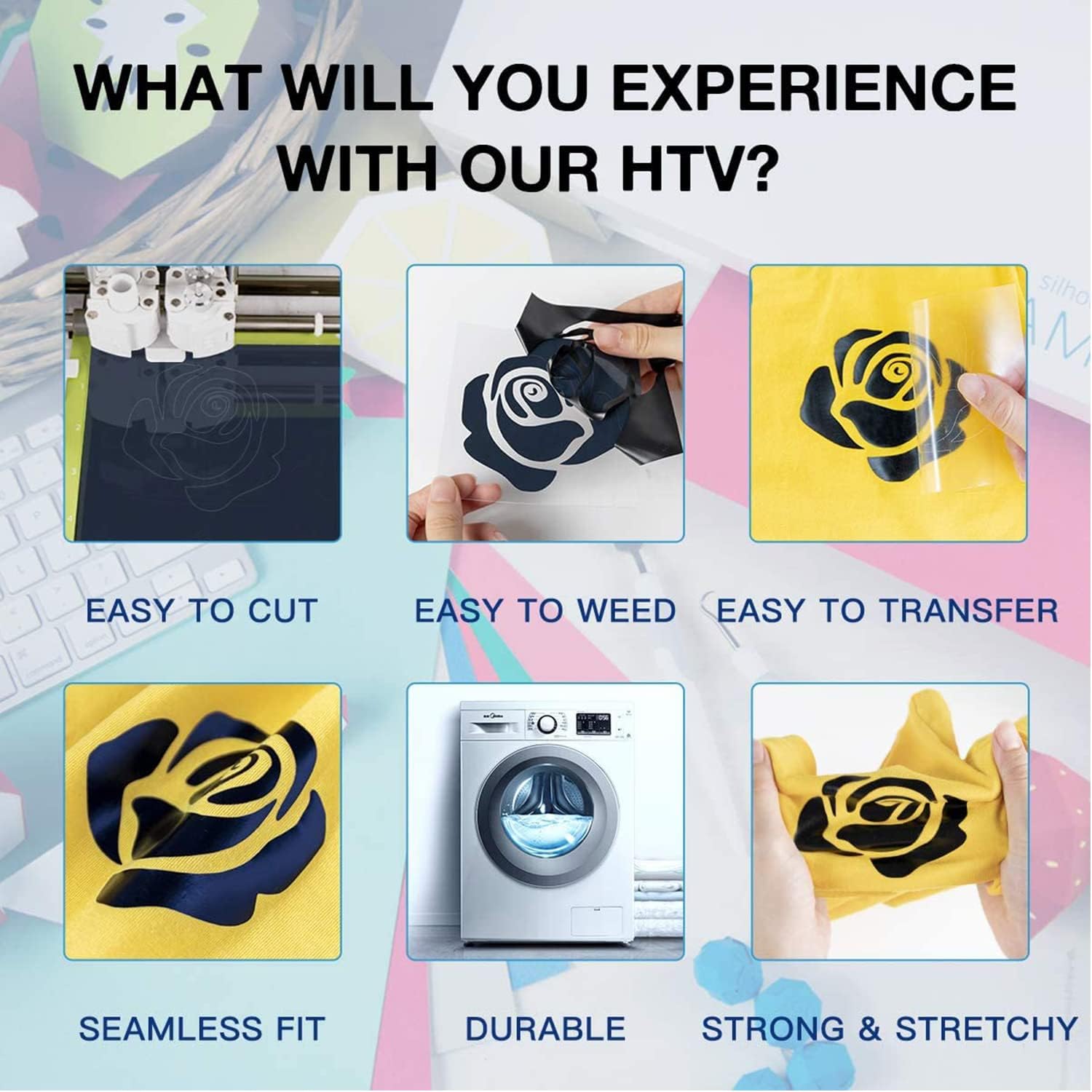 Showcases multiple features and benefits of the HTV product, highlighting its ease of use and durability to appeal to crafters and DIY enthusiasts.