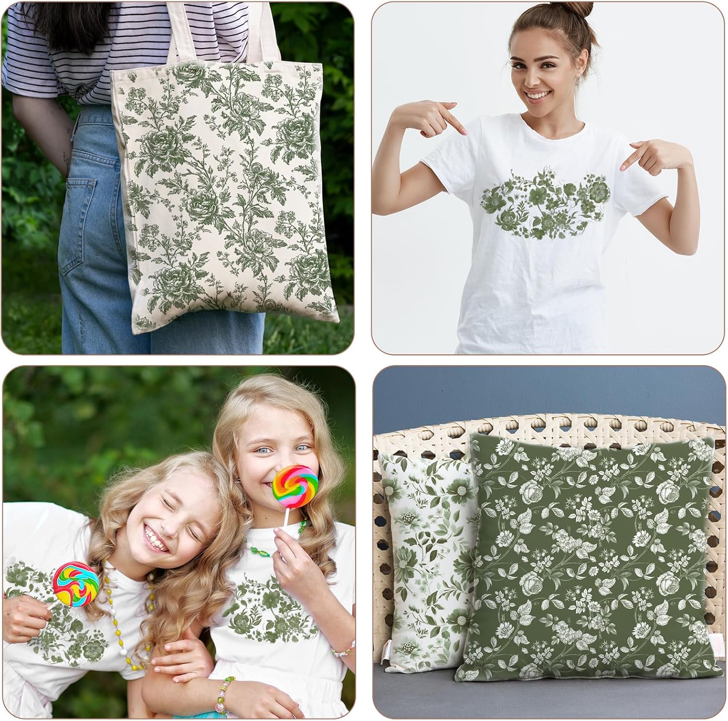 Showcases how the floral pattern design can be applied to various products like tote bags, t-shirts, and pillows, demonstrating its versatility and appeal across different items.