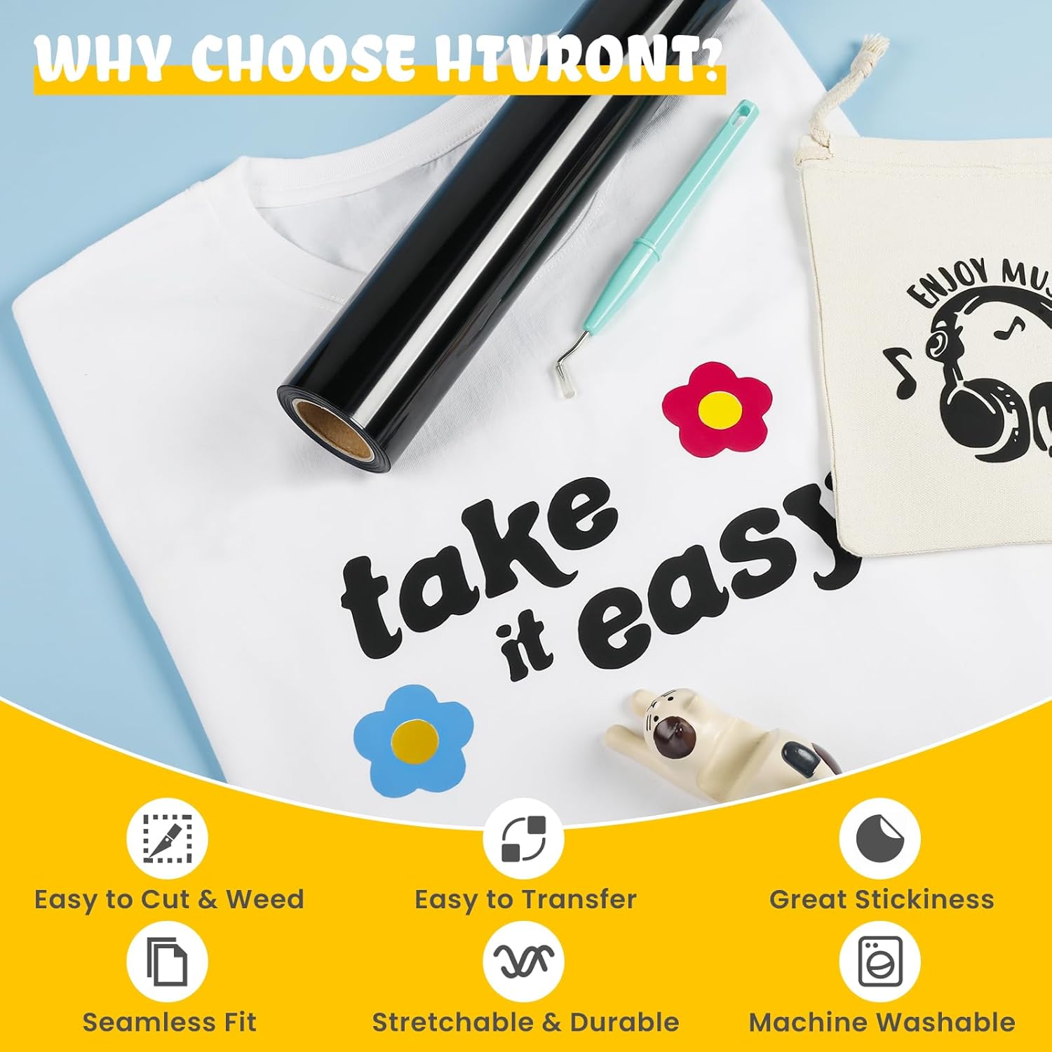 Highlights multiple key features and benefits of the HTVRONT product, emphasizing its ease of use and durability for custom t-shirt and fabric design applications.
