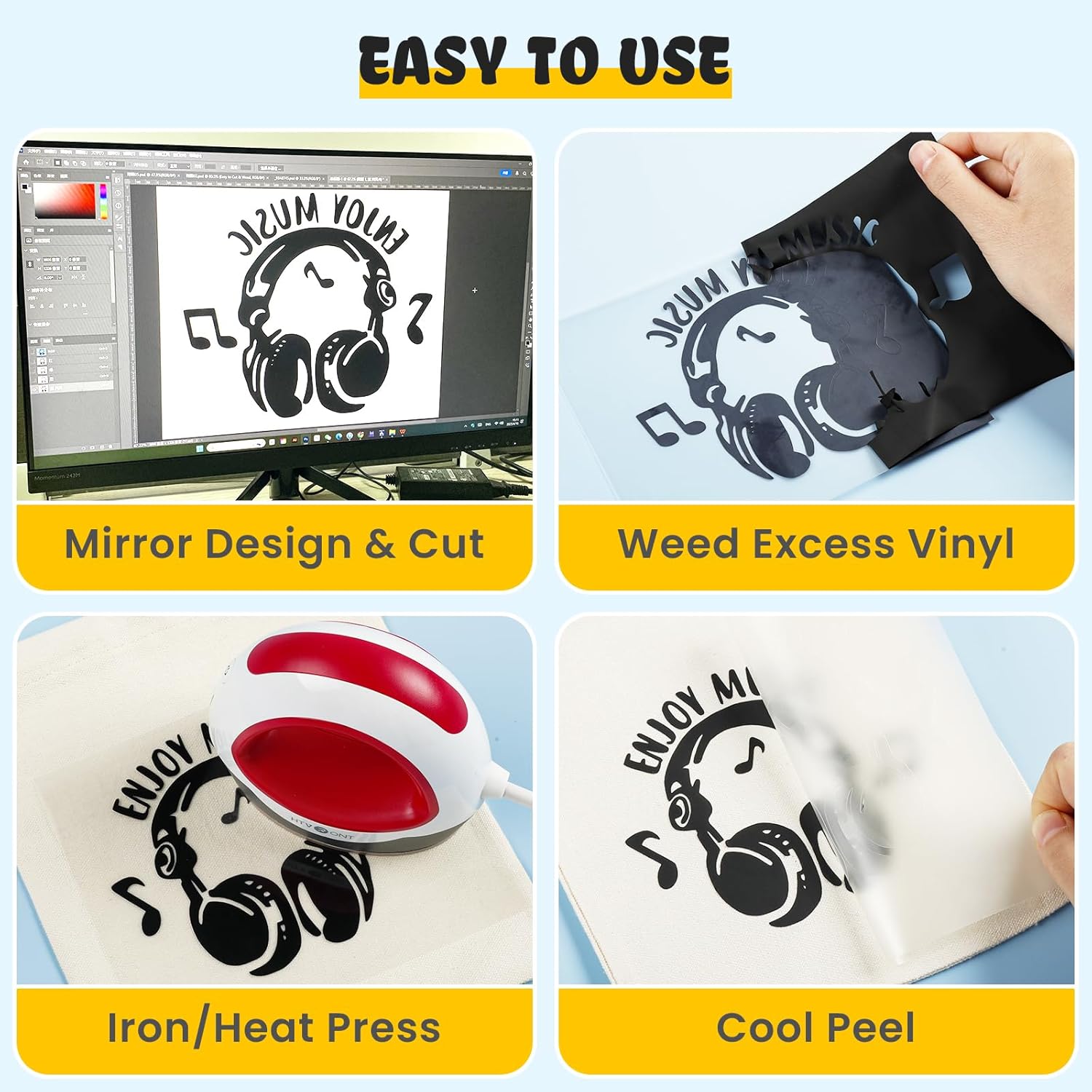 Demonstrates the step-by-step process of creating a custom vinyl design, from digital design to application on fabric.