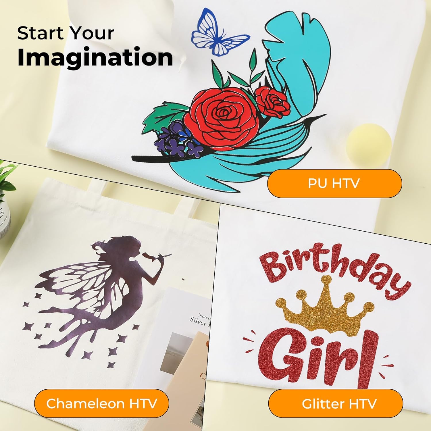 Showcases different types of heat transfer vinyl designs to demonstrate the product's versatility for various creative projects.