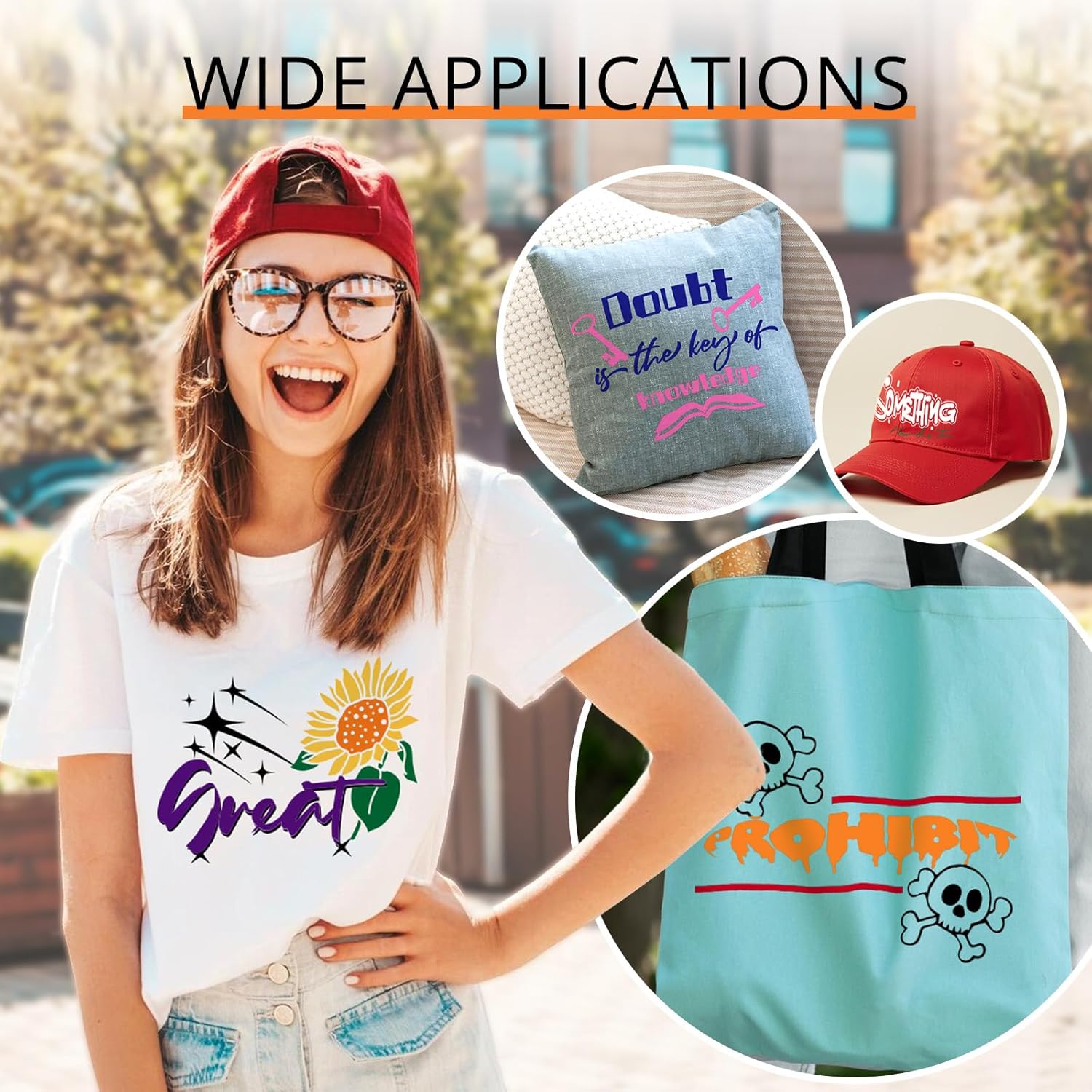 Demonstrates the various items that can be customized with the product, showing its versatility across different types of merchandise.