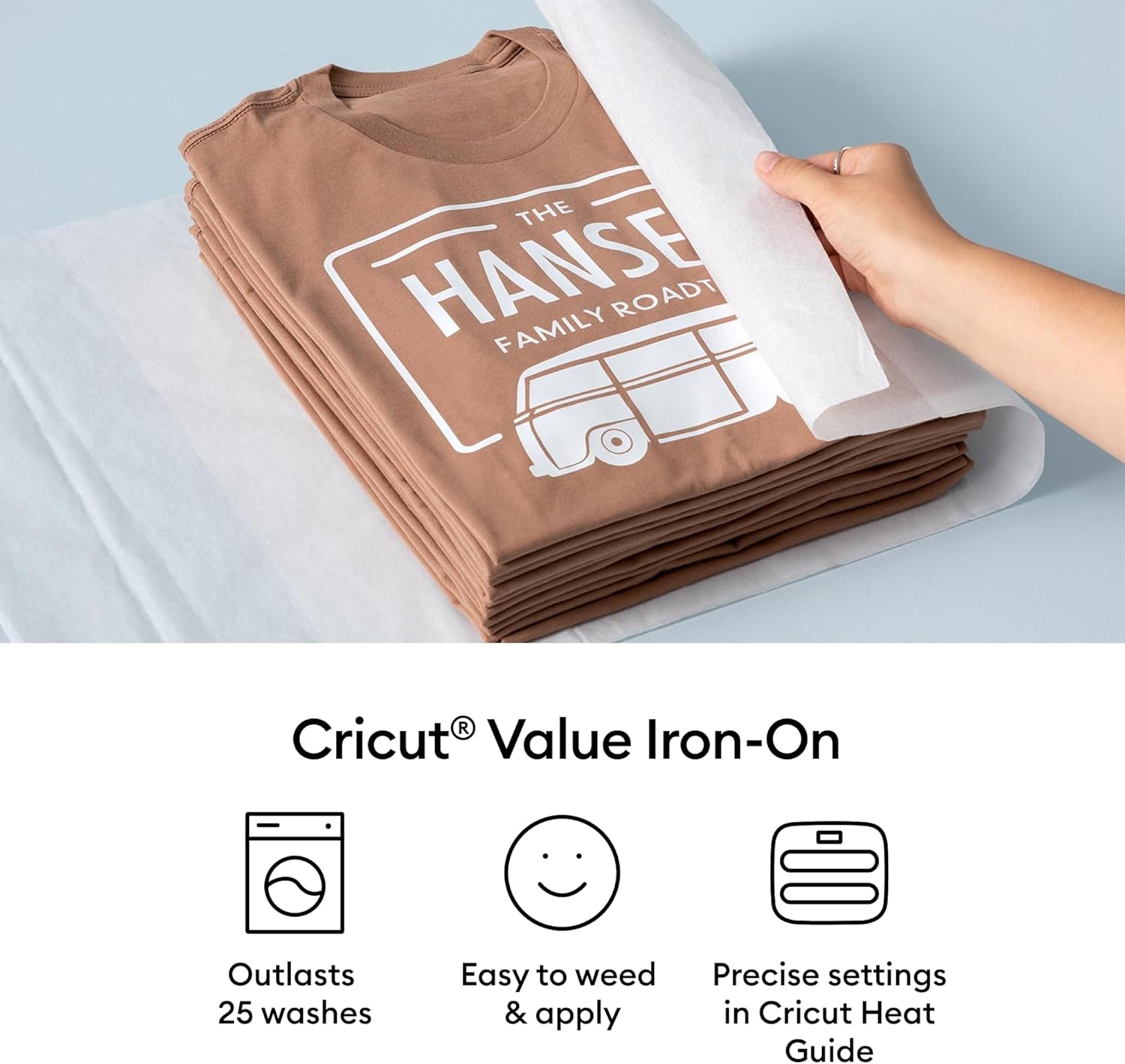 Highlights the durability and ease of use of Cricut Value Iron-On material for customizing t-shirts.