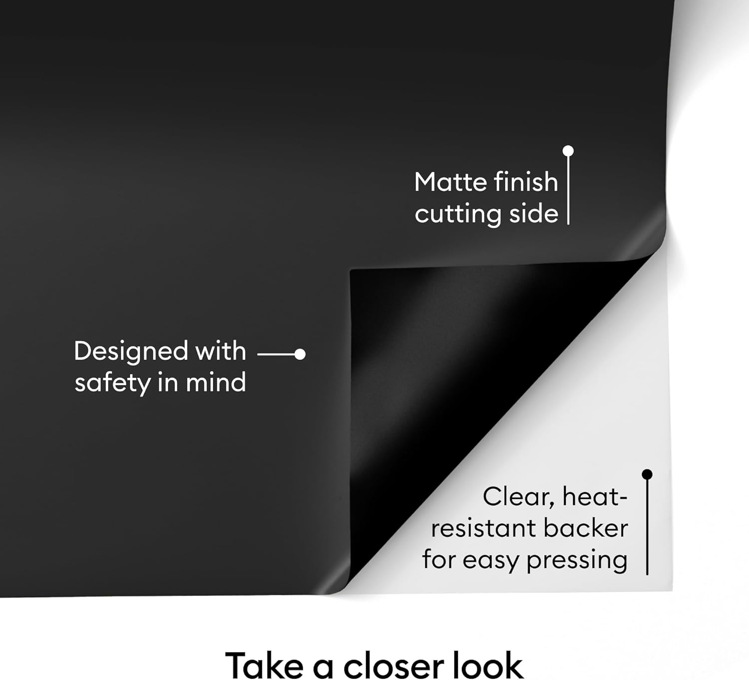 Highlights the product's safety features, including a matte finish cutting side and heat-resistant backer, to reassure customers about its safe and user-friendly design.