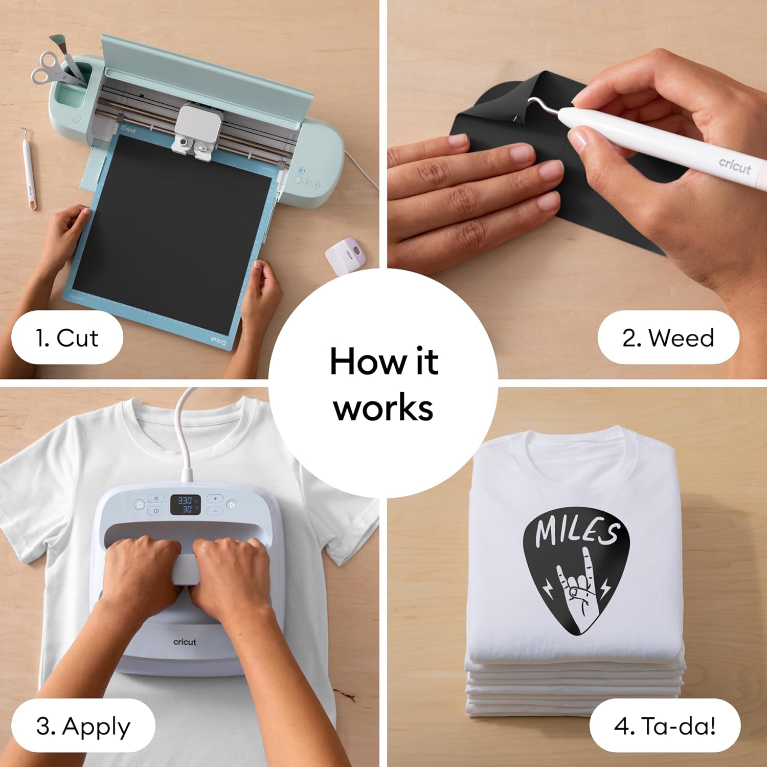 Demonstrates the step-by-step process of using the Cricut machine to customize t-shirts, making the product's usage clear and accessible to potential buyers.