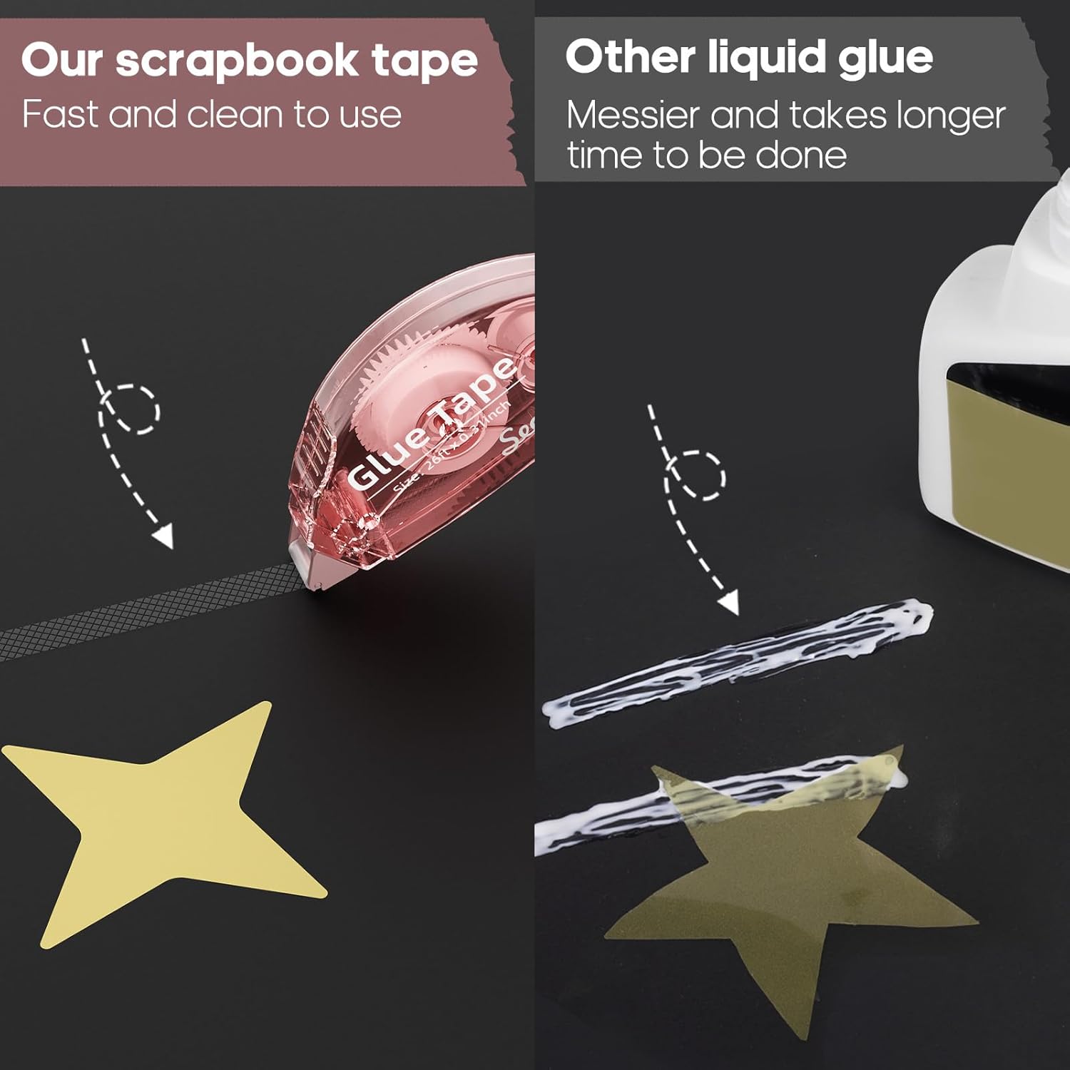 Demonstrates the superiority of the scrapbook tape over liquid glue in terms of ease and speed of application.