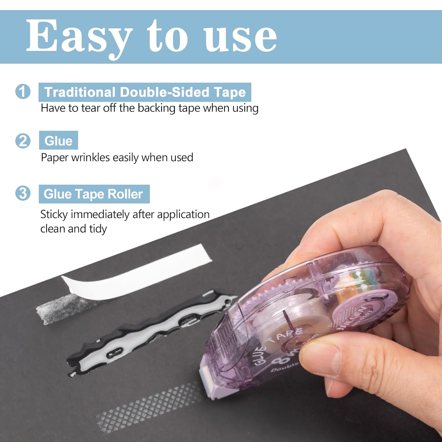 Demonstrates the ease of use of the glue tape roller compared to traditional adhesive methods. Highlights multiple benefits of the glue tape roller, including its ease of use and clean application…