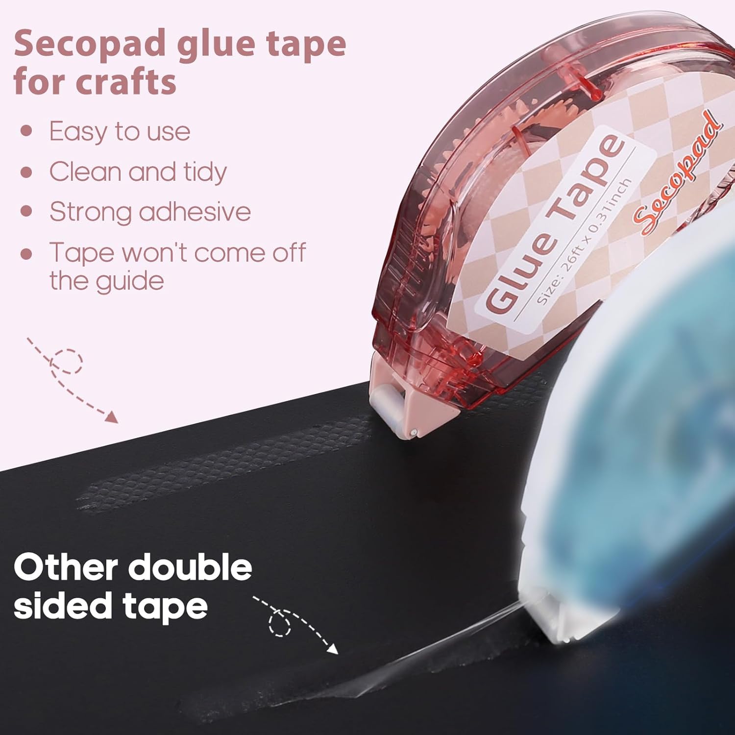 Highlights multiple benefits of the Secopad glue tape for crafts, emphasizing its ease of use and effectiveness compared to other double-sided tapes.