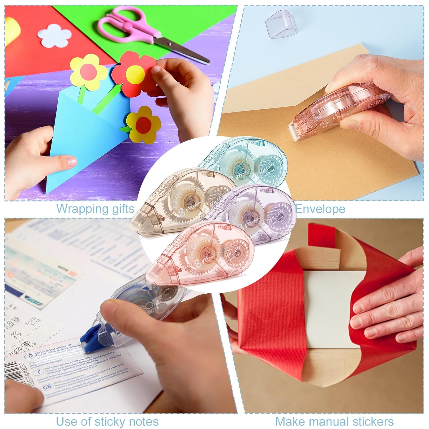 Demonstrates the versatility of the product by showing multiple use cases for crafting, office work, and gift preparation.