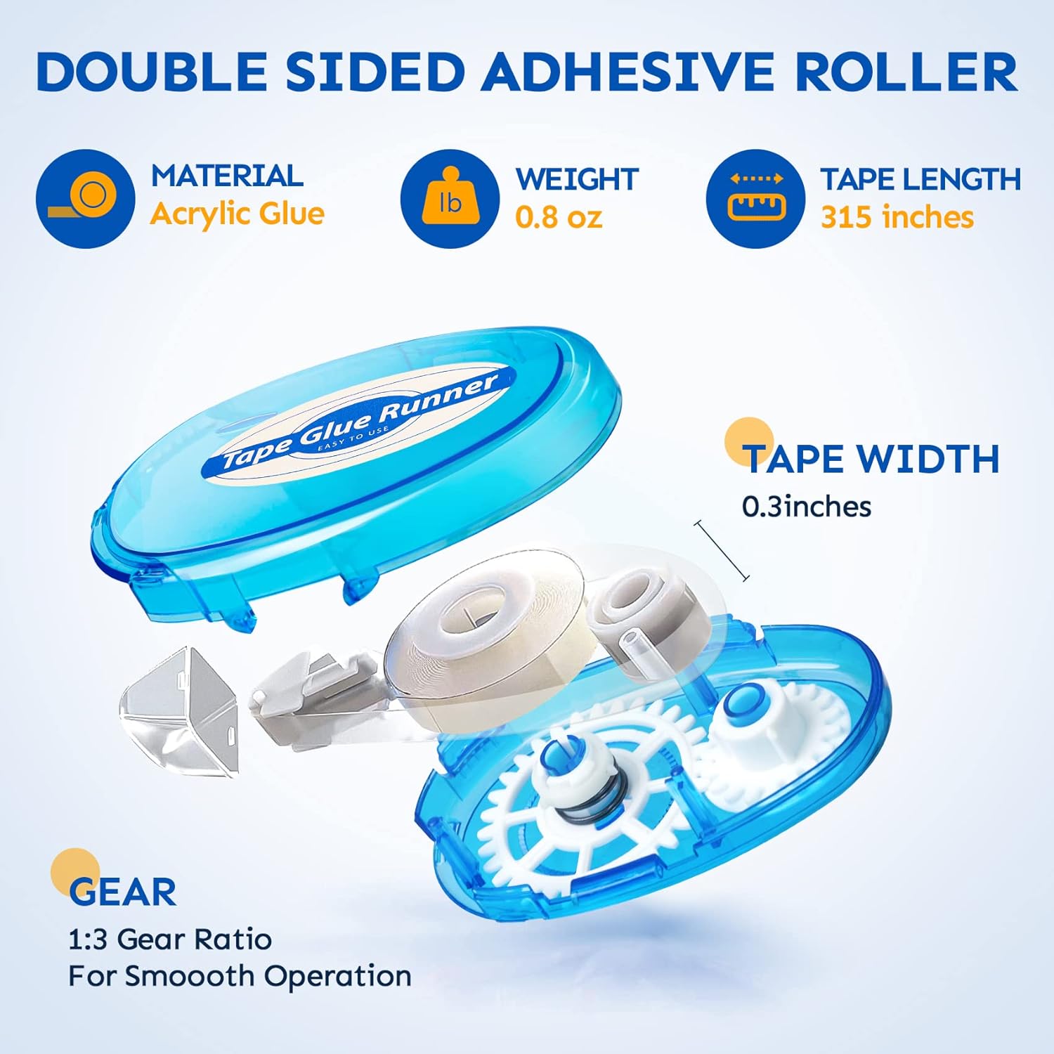 Highlights the key features and specifications of the double-sided adhesive roller, including its material, weight, tape length, and internal mechanism.