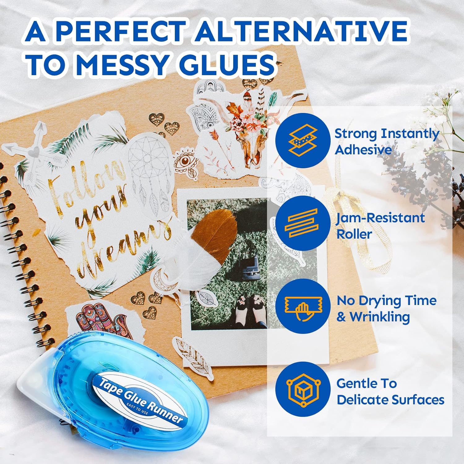 Highlights multiple benefits of the tape glue runner as an alternative to messy liquid glues for crafting and scrapbooking.