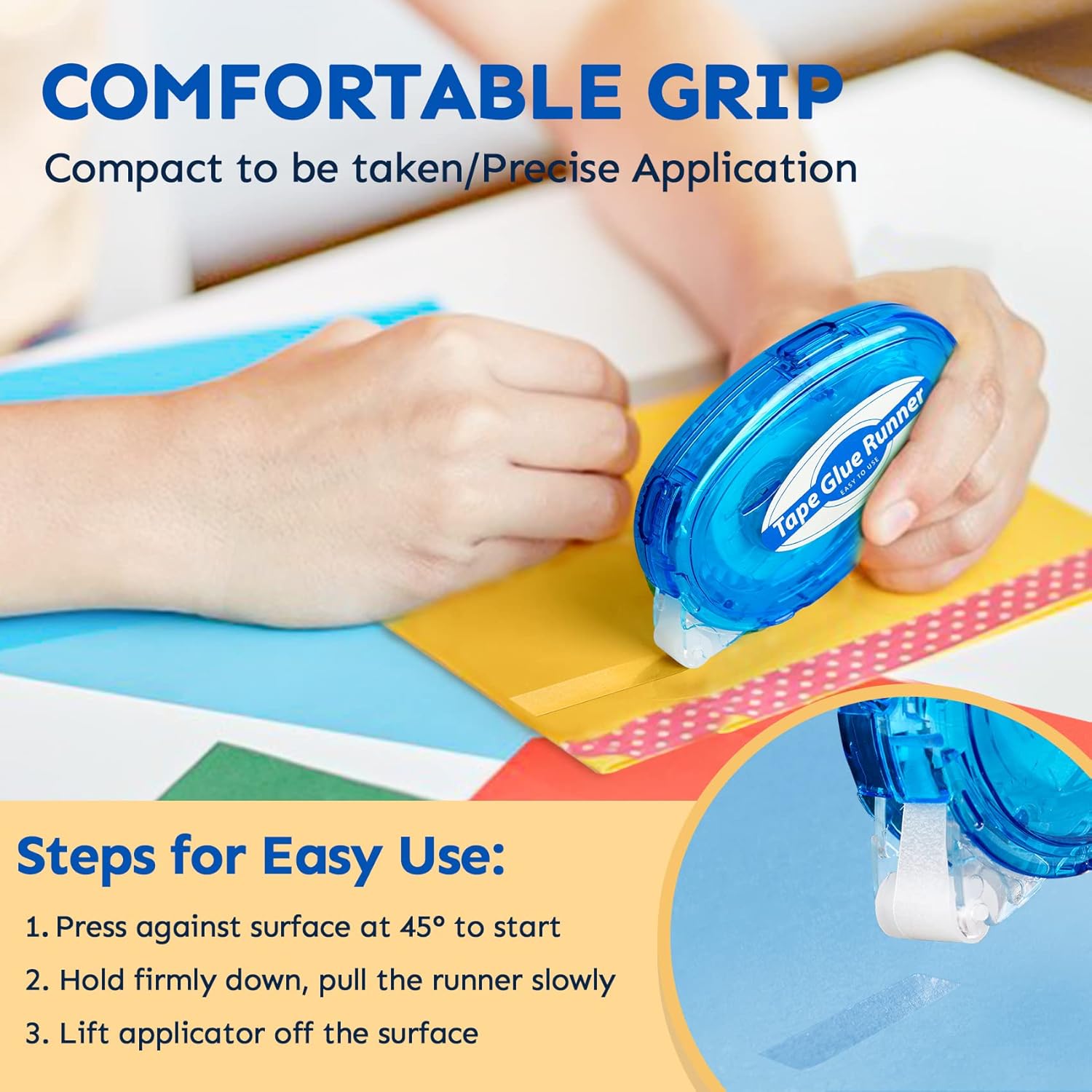 Demonstrates the proper technique for using the tape glue runner, emphasizing its comfortable grip and ease of use. Highlights the product's comfortable grip feature, which allows for precise…