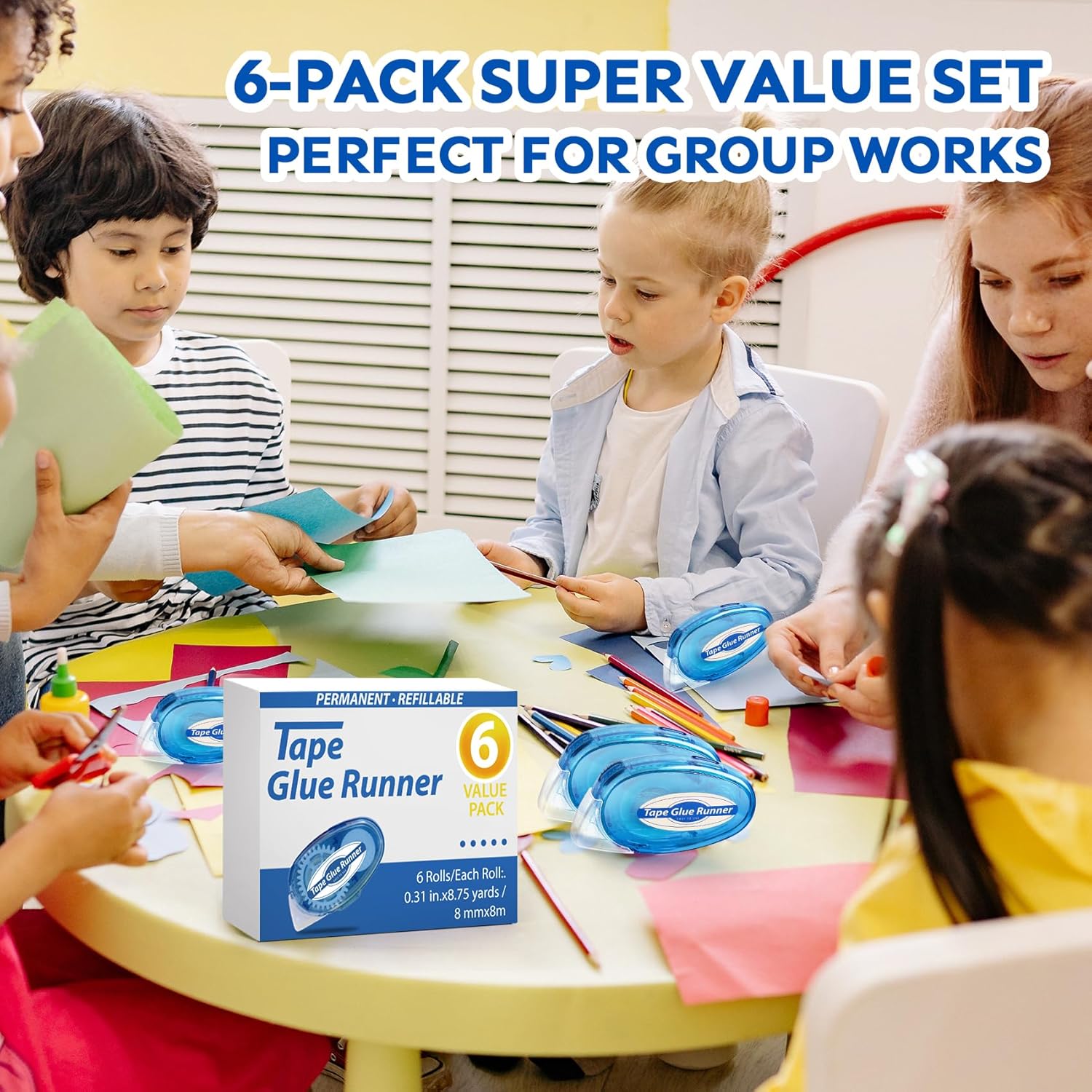 Demonstrates the product's suitability for group work and classroom settings, highlighting its value for collaborative activities. Shows that the product comes as a set of 6 tape glue runners,…