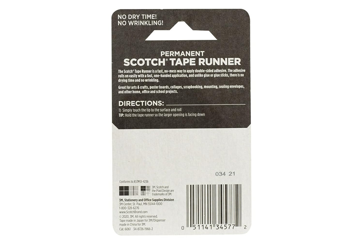 Explains how to use the Scotch Tape Runner, emphasizing its quick and mess-free application process. Highlights the key benefit of the product: instant adhesion without drying time or wrinkling…