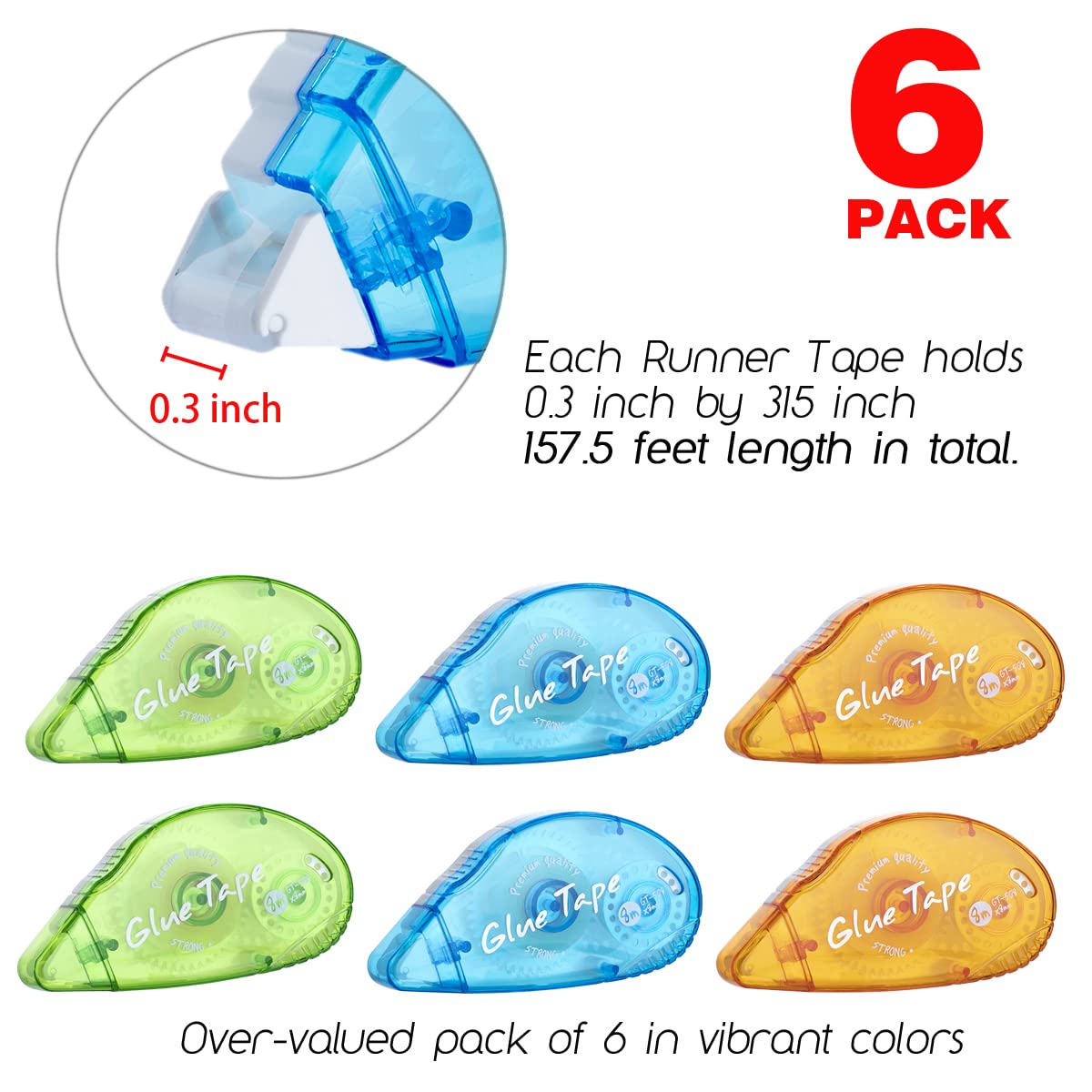 Shows the quantity and variety of glue tape runners included in the pack, highlighting the value proposition for customers. Provides specific measurements of the tape width and total length to…