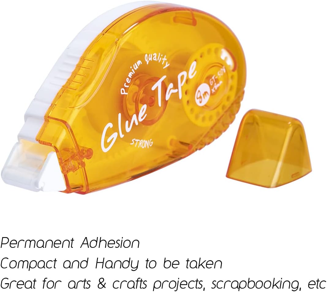 Highlights the product's strong adhesive quality for permanent bonding, appealing to crafters and DIY enthusiasts. Demonstrates versatility by showing multiple use cases for the glue tape,…
