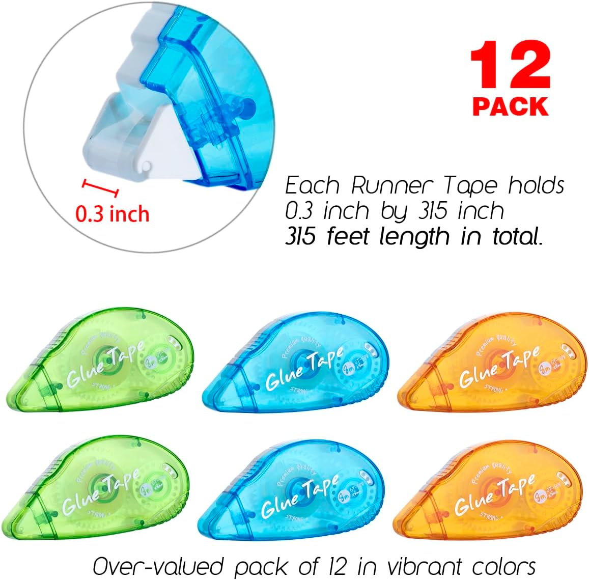 Communicates the specific dimensions of the glue tape to inform customers about the product's size and capacity. Shows that the product comes in a pack of 12 with different vibrant colors,…