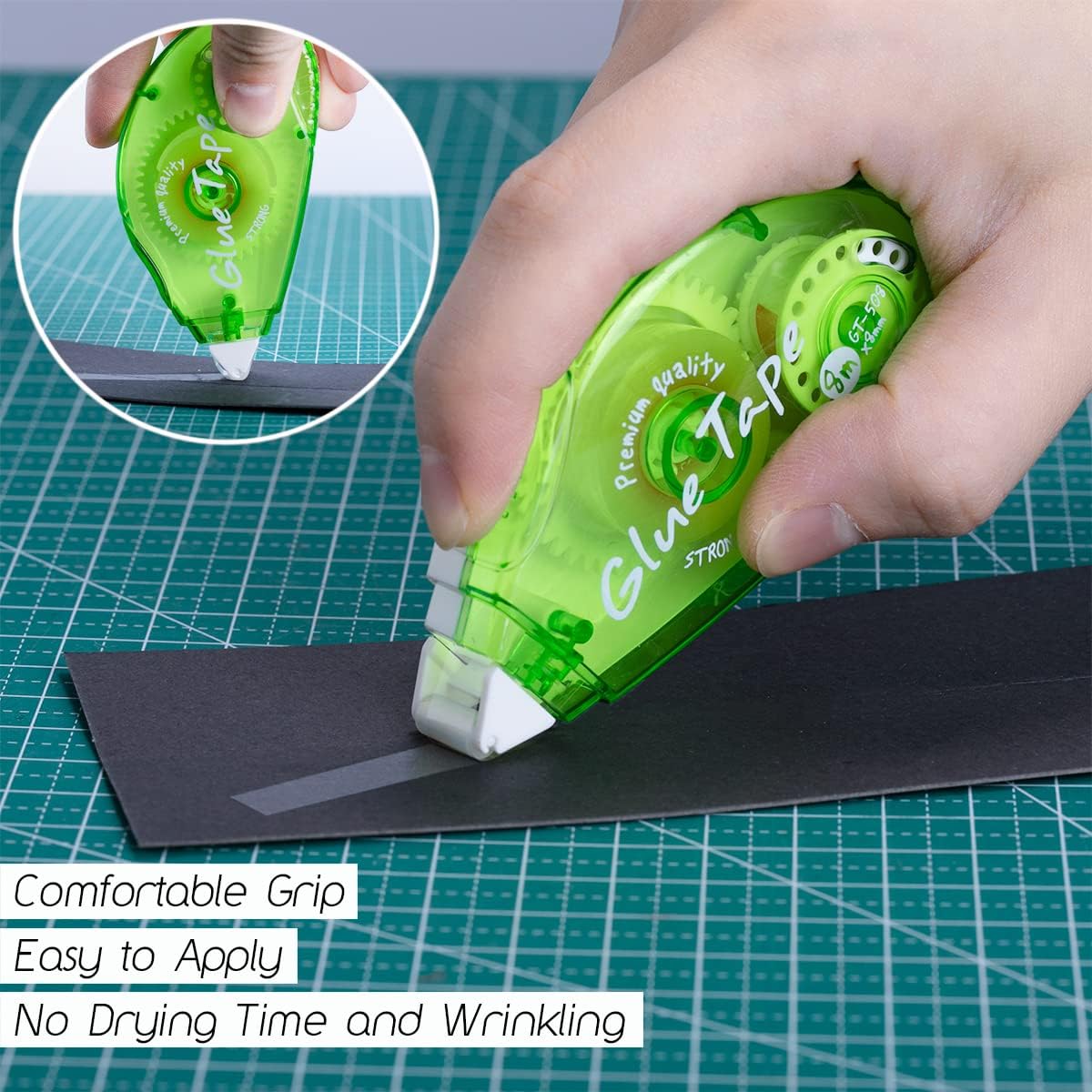 Highlights multiple benefits of the glue tape, emphasizing its ease of use and efficiency for crafting or office tasks. Demonstrates the correct way to use the glue tape, showing its application on…